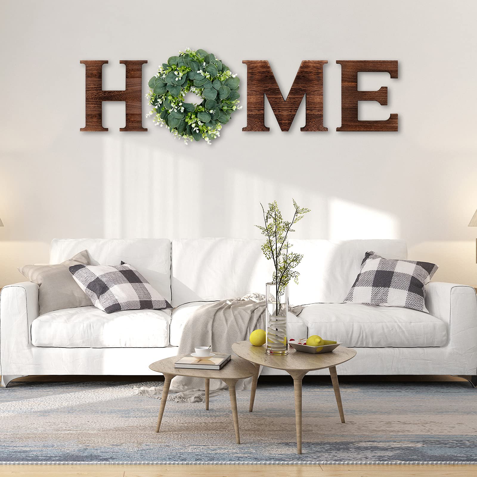 Rustic Wood Wall Decor with Eucalyptus Wreath - Farmhouse Style for Living Room & Kitchen