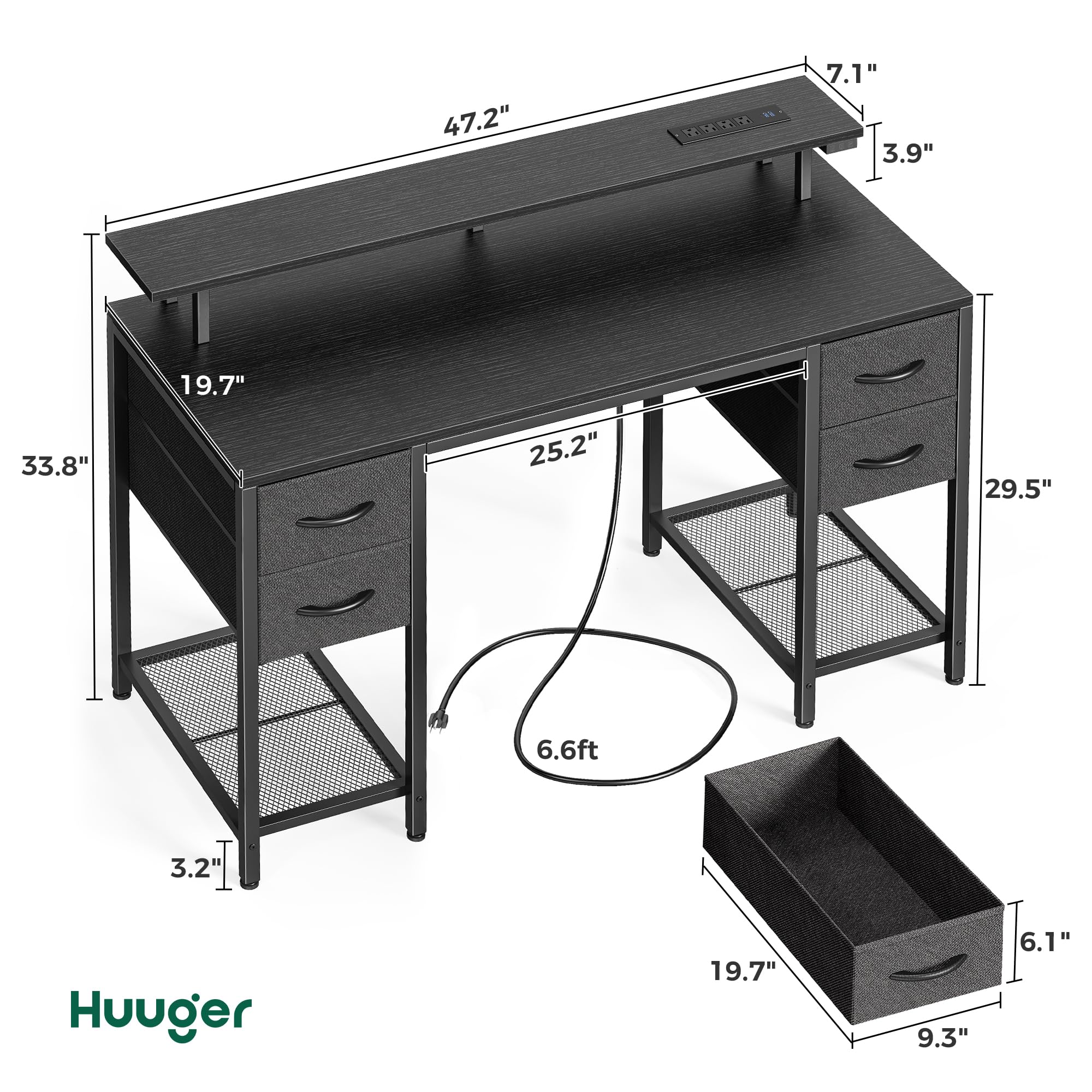 Huuger 47 inch LED Gaming Desk with Power Outlets & 4 Drawers - Black Home Office Computer Desk with Large Storage Space for Bedroom, Work from Home | Perfect for Gaming Setup, Remote Work & Study