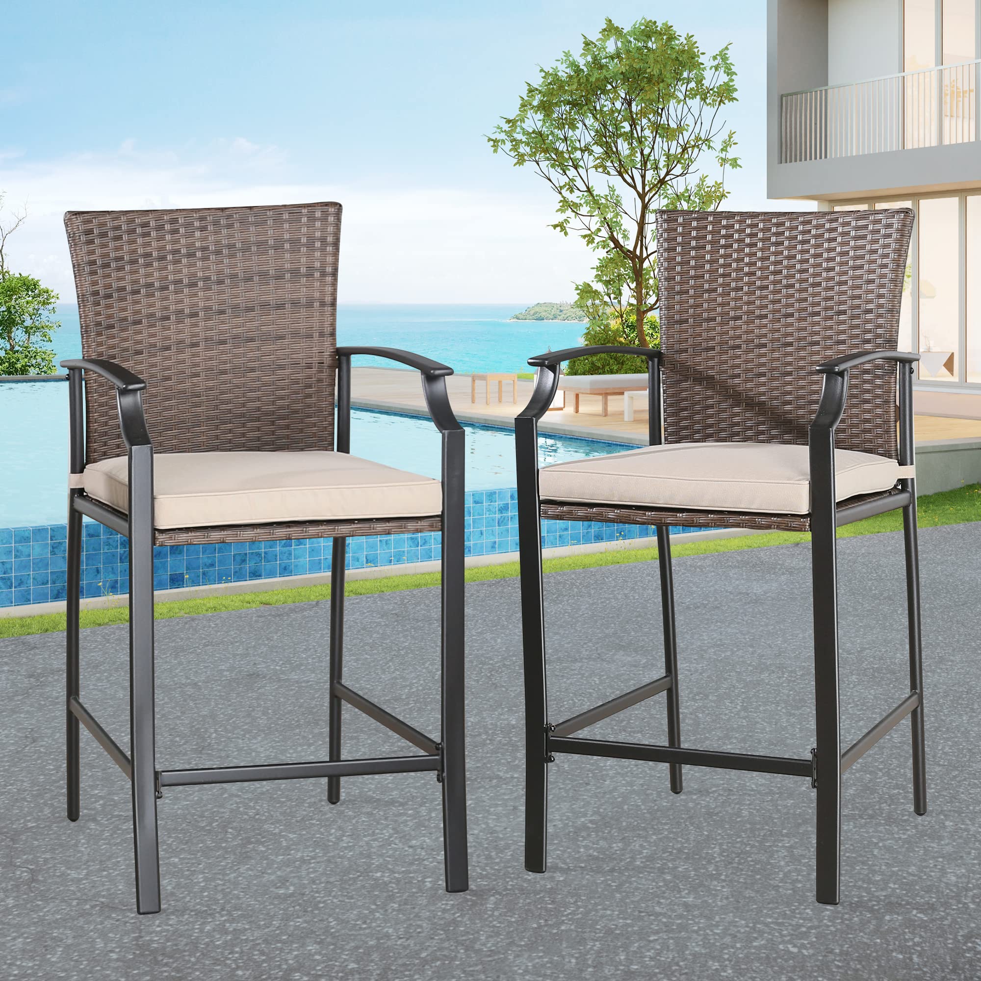 Ulax Furniture Set of 2 Outdoor Wicker Bar Stools - Metal Frame Patio Chairs with Armrests & 100% Olefin Cushions - Perfect for Backyard, Poolside & Outdoor Dining Areas