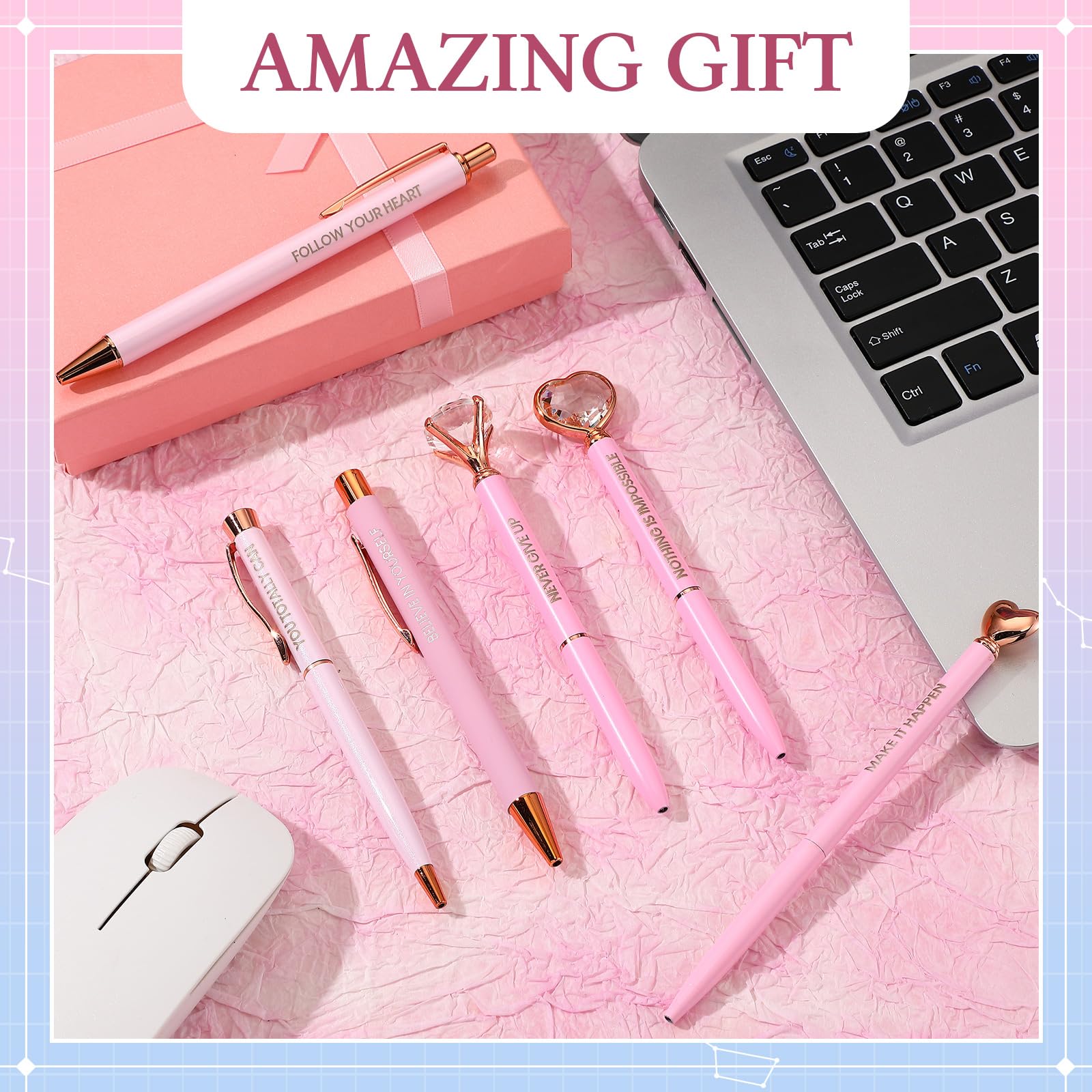 Yeaqee 6-Piece Inspirational Pen Set for Women - Diamond Ballpoint Pens with Crystal Motivational Office Supplies in Gift Box - Perfect for Nurses, Teachers, Wedding, Graduation & Mother's Day Gifts (Pink) - Ideal for Office Use, Journaling & Thoughtful Present Giving