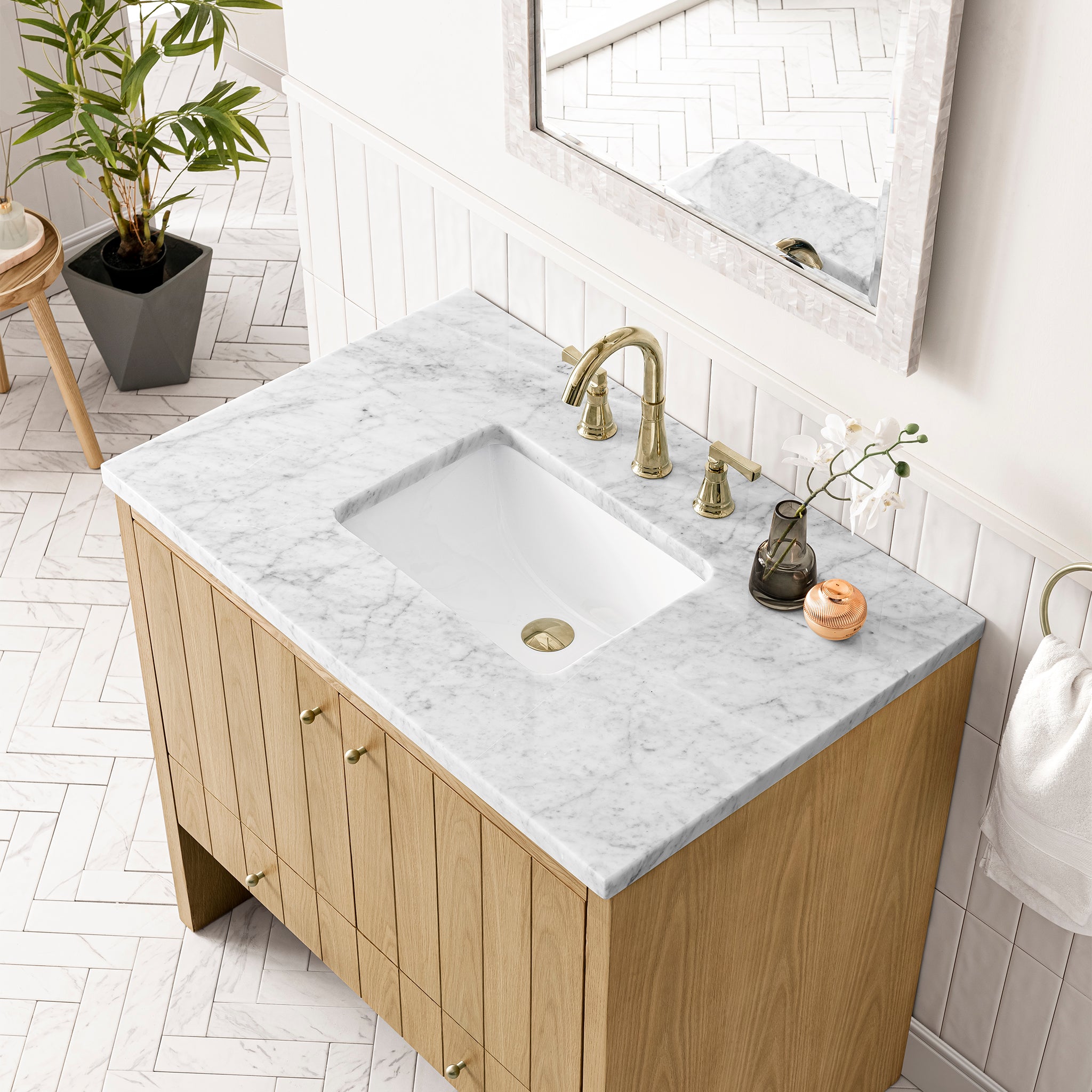 Hudson 36 Inch Single Bathroom Vanity with 3CM Carrara Marble Top in Light Natural Oak - Perfect for Modern Master Bathrooms and Powder Rooms