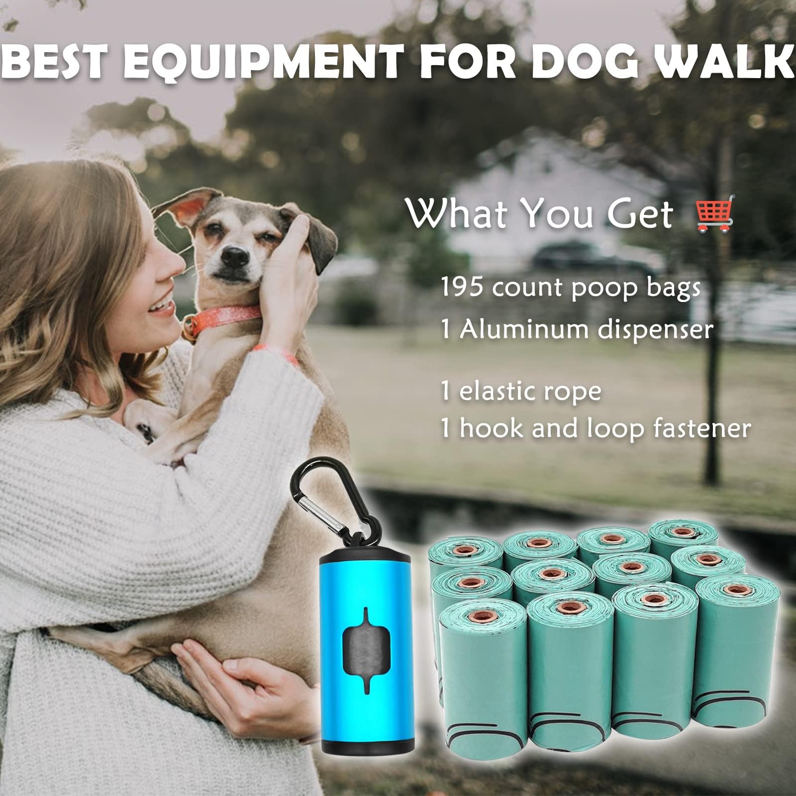 Premium Aluminum Dog Poop Bag Holder with Carabiner - Metal Pet Waste Dispenser with Hook & Loop Fastener, Elastic Cord & 195 Bags (Blue) - Ideal for Walking, Hiking & Outdoor Adventures with Your Dog