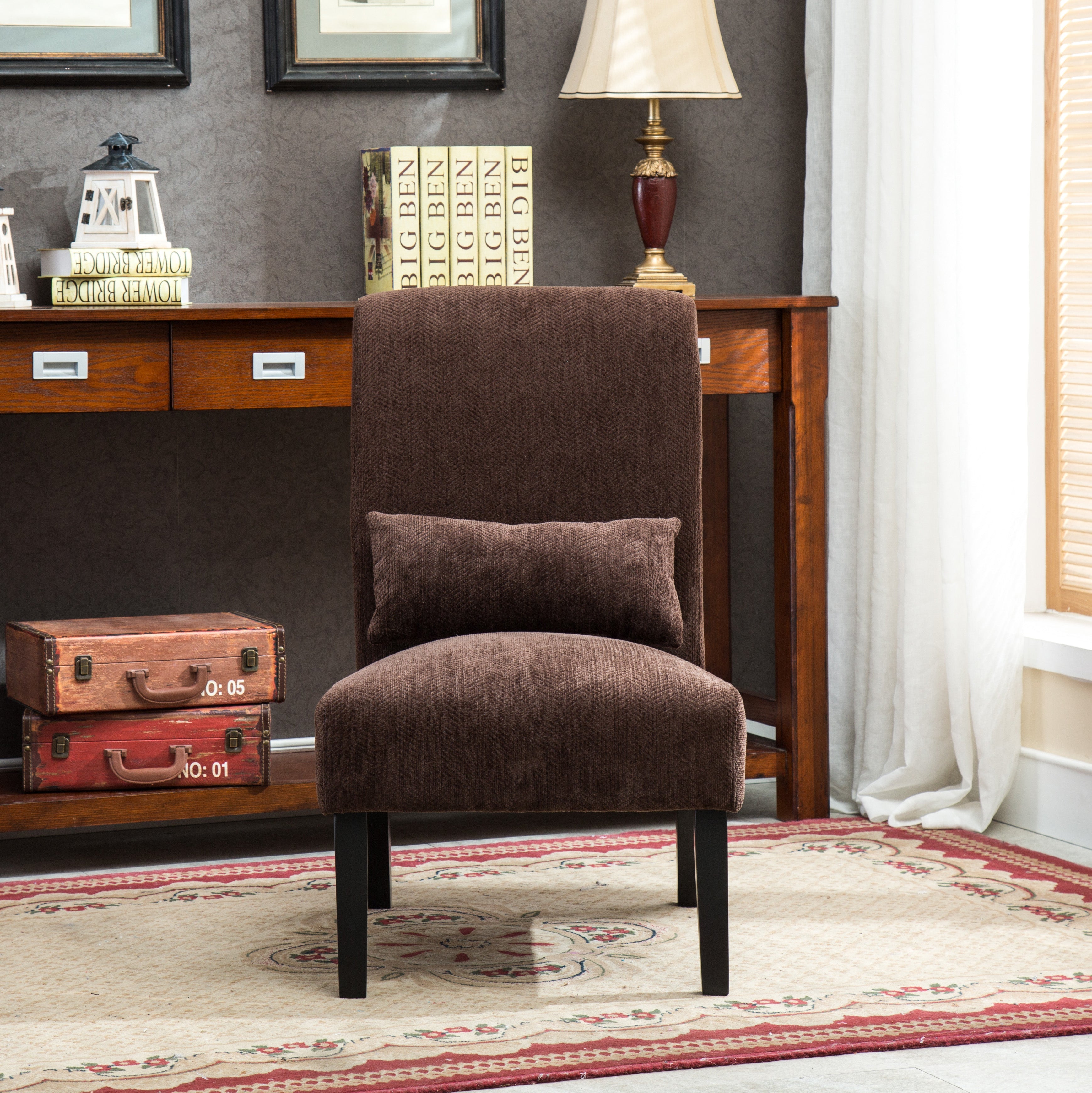 Roundhill Furniture Pisano Chenille Fabric Armless Modern Accent Chair with Matching Kidney Pillow in Chocolate - Perfect for Living Room, Bedroom or Office Decor