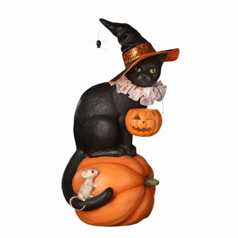 Halloween Cat Witch on Pumpkin Statue by Bethany Lowe Designs - Spooky Home Decor for Halloween Party & Fall Festival Decorations