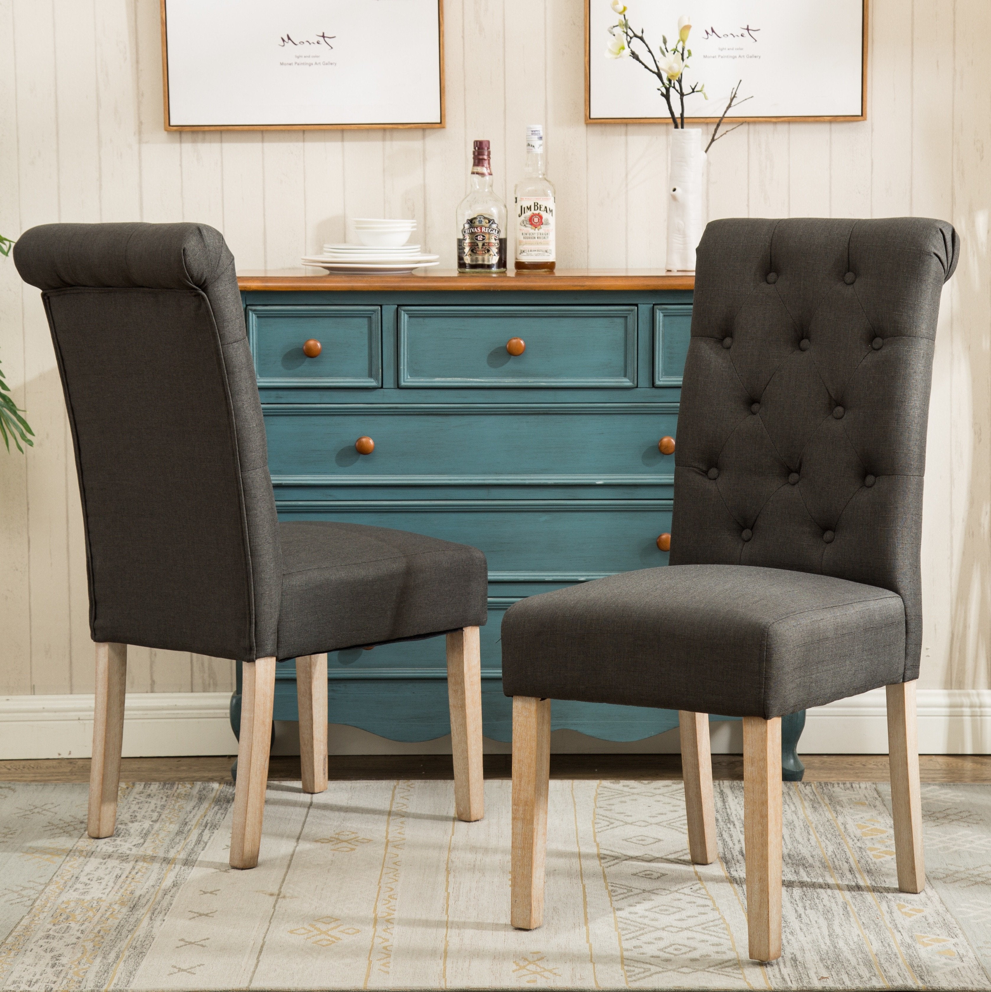 Roundhill Furniture Solid Wood Tufted Parsons Dining Chairs - Set of 2, Charcoal Gray - Elegant Modern Dining Room Seating for Home & Restaurant Use