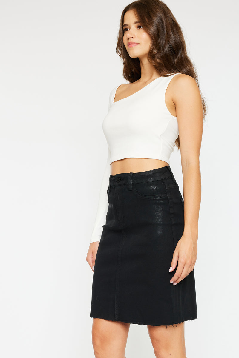 Zane High Rise Coated Midi Skirt for Women - Stretchy Faux Leather Pencil Skirt with Side Slit, Perfect for Office, Party & Date Night Outfits