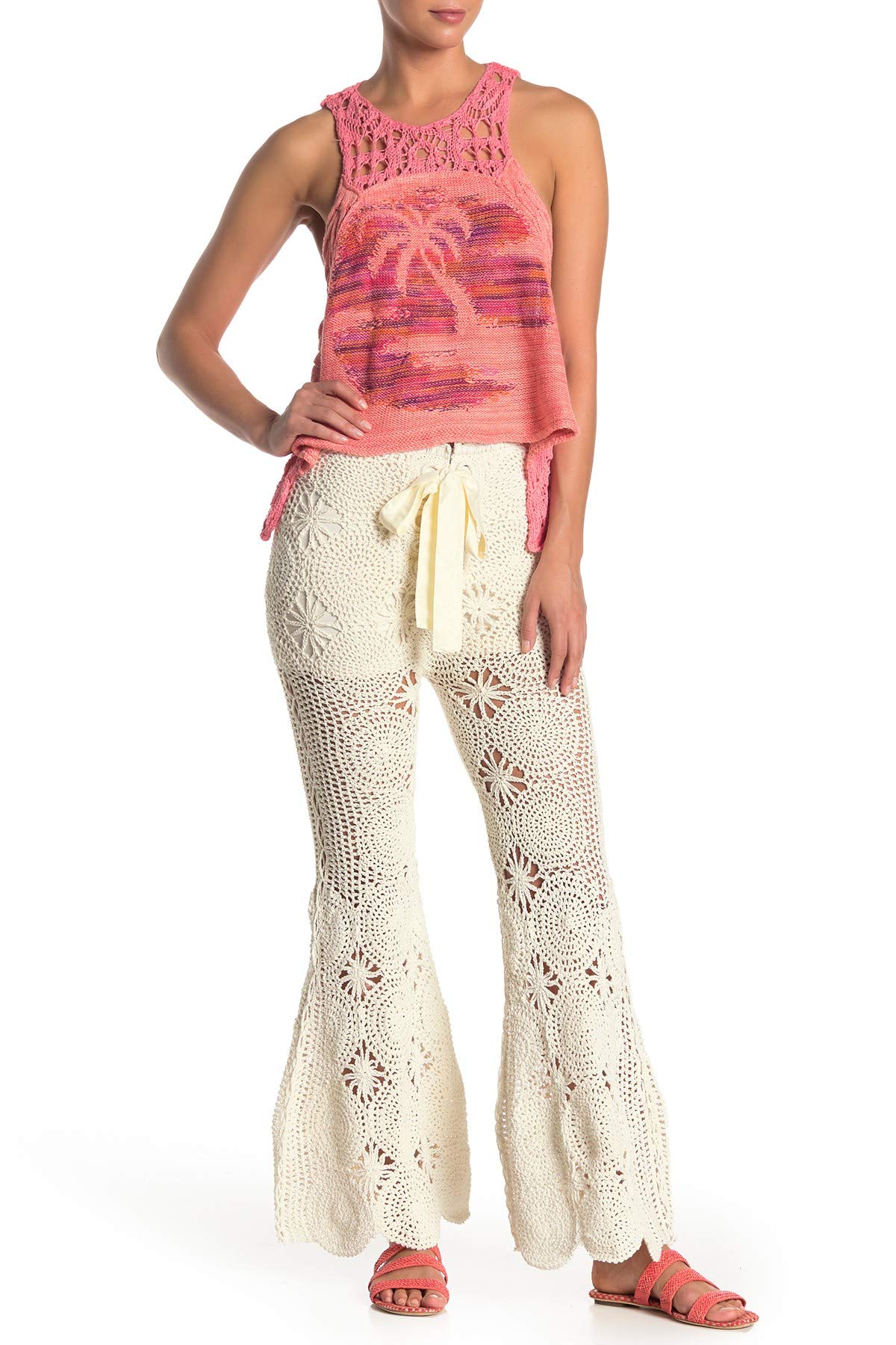 Free People Women's Dragonfly Crochet Flare Pants Ivory - Boho Chic Hippie Pants for Summer Festivals, Beach Vacations & Yoga