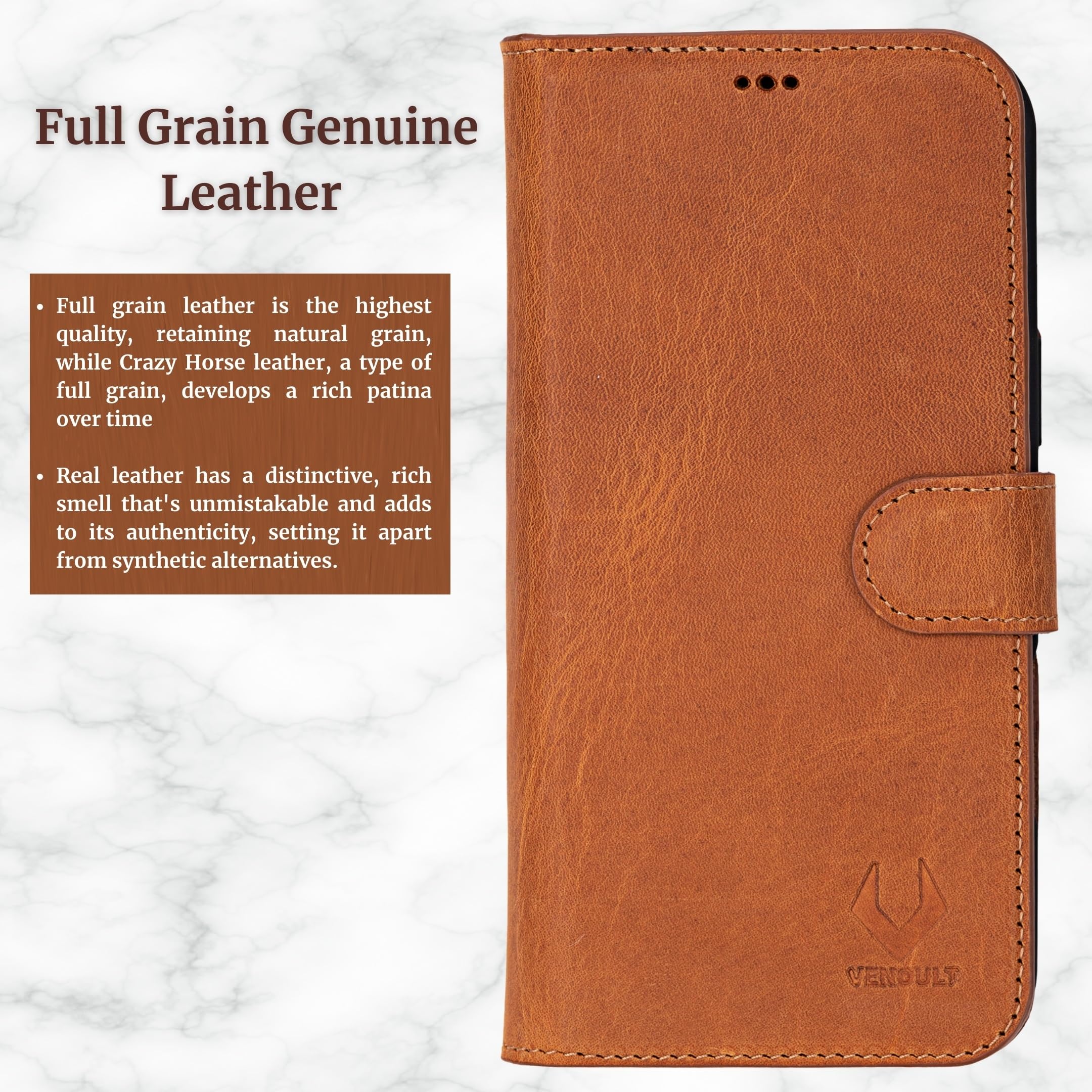 VENOULT Magnetic Wallet Case for iPhone 13/14/15 Pro MAX & Plus - Slim RFID Blocking Leather Card Holder with Magsafe Compatibility (Almond Brown, 6.1