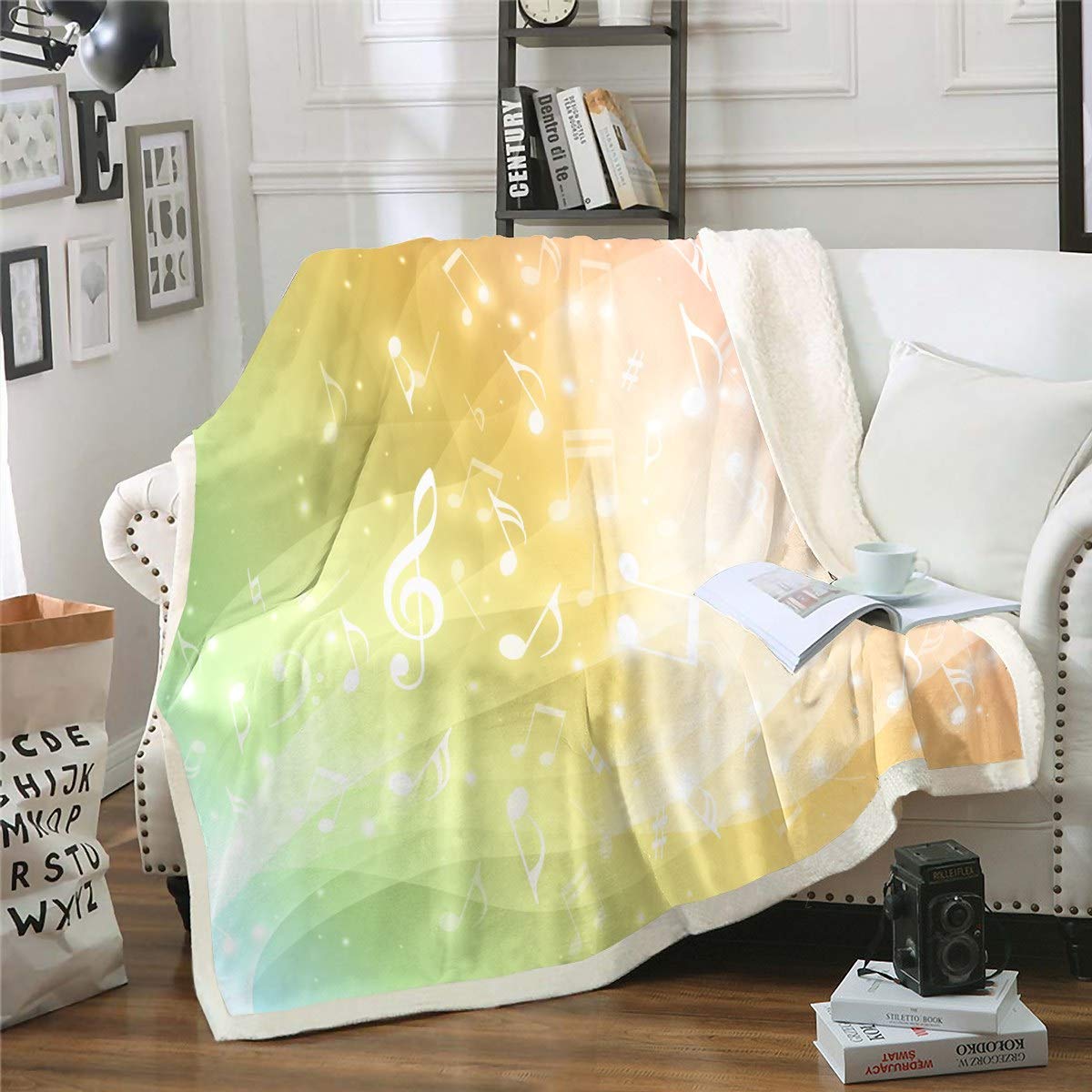 Jazz Blues Classic Music Note Melody Fleece Throw Blanket - Soft Sherpa Plush Blanket with Wave Stripes & Green Gradient - 50x60 Inch Cozy Blanket for Women & Girls - Perfect for Sofa, Bed, Couch & Home Decor