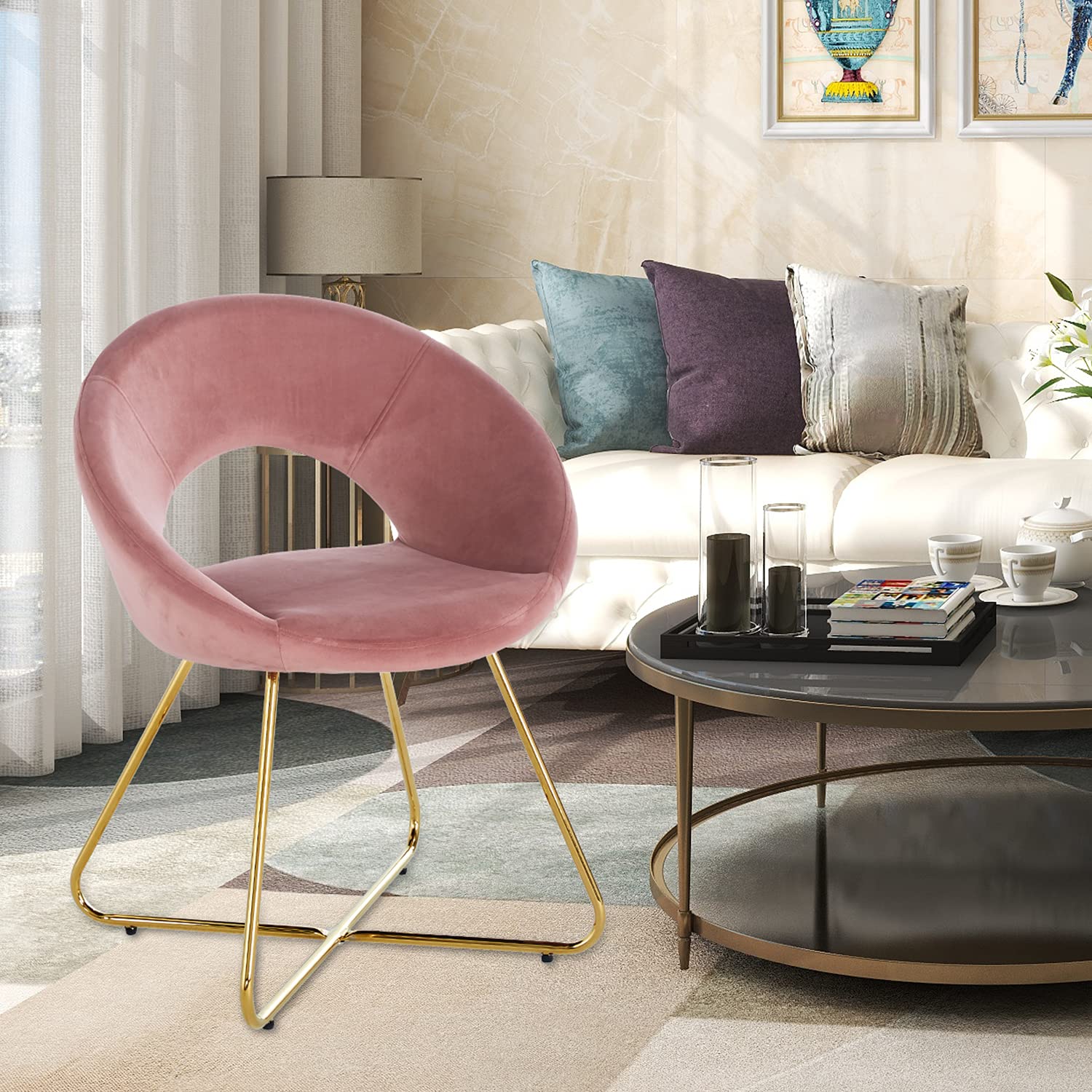Modern Velvet Accent Chairs Set of 2 - Mid Century Upholstered Armchairs with Golden Legs for Living Room, Dining Room & Lounge (Pink) | Comfortable Leisure Seating for Home Decor & Entertaining
