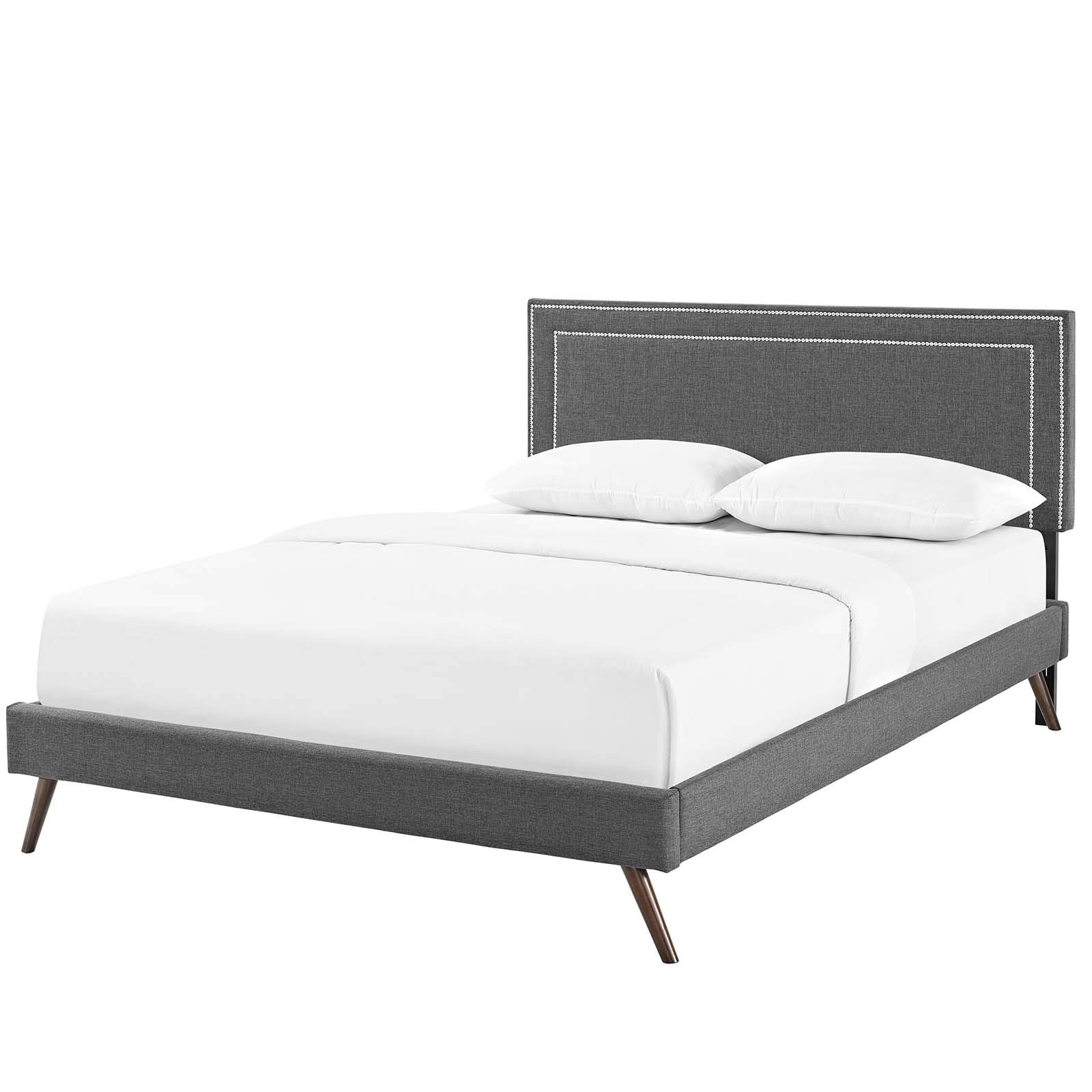 Modern Contemporary Urban Design Queen Size Platform Bed Frame with Fabric Upholstery in Grey - Perfect for Small Spaces, Guest Rooms & Minimalist Bedrooms