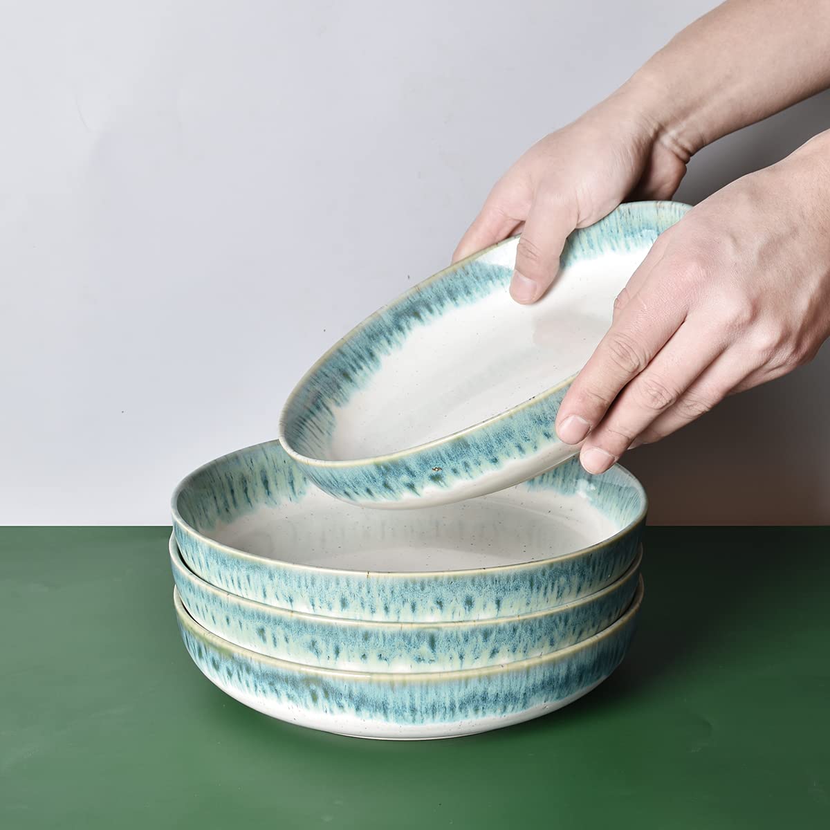 Bosmarlin 40 Oz Stoneware Pasta Bowls Set of 4 - Large Microwave & Dishwasher Safe Salad Bowls in Light Turquoise Green (9.3 Inch) - Perfect for Family Dinners, Italian Cuisine & Entertaining Guests