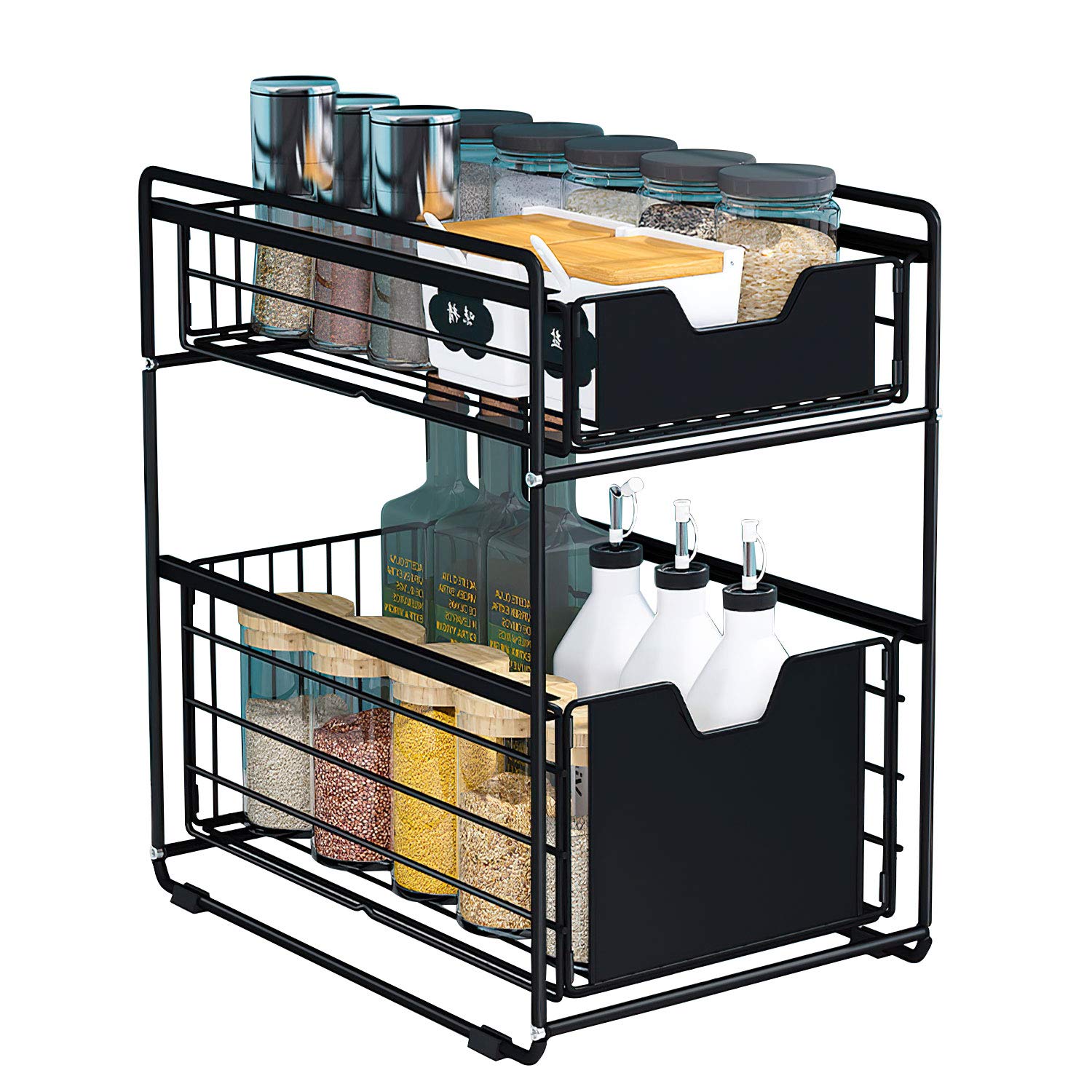2 Tier Sliding Cabinet Basket Organizer - Under Sink Storage Shelf for Kitchen, Pantry, Bathroom & Office - Black | Space-Saving Drawer Solution for Countertop & Cabinet Organization