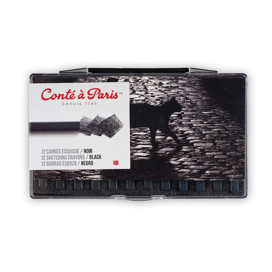 Conté à Paris Carre Sketching Crayons - 12 Professional Drawing Pencils in Plastic Box (2B Black) for Artists, Sketching & Shading - Perfect for Portraits, Landscapes & Art Classes