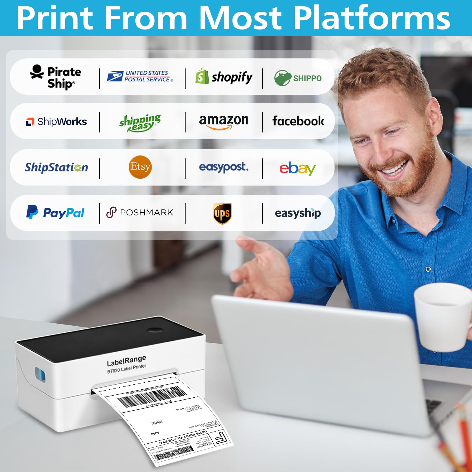 4x6 Thermal Shipping Label Printer - 300 DPI Bluetooth & USB Label Maker for Ecommerce | Compatible with USPS, Pirate Ship, Shippo, Amazon, eBay, Shopify | Works with iOS, Android, Windows | Perfect for Small Business Shipping & Online Store Fulfillment