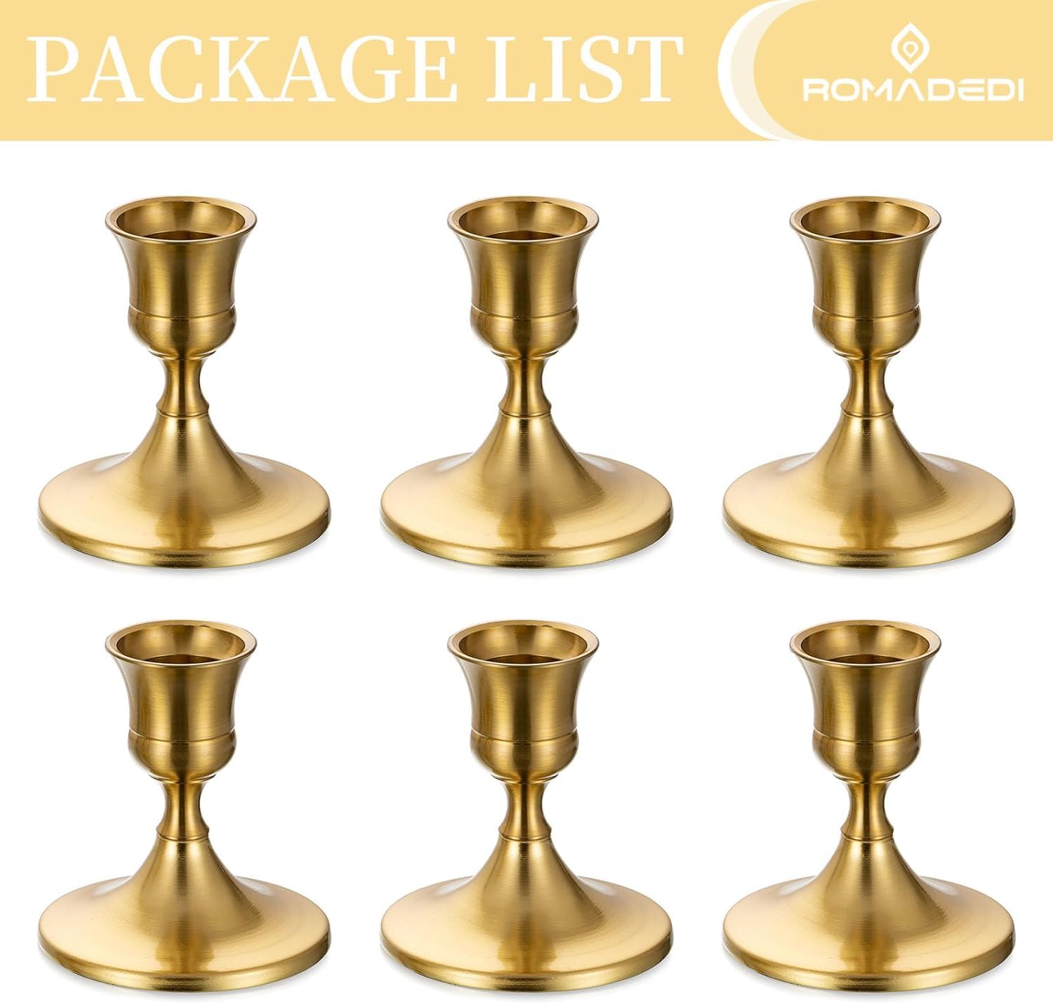 Romadedi 6-Piece Gold Brass Candlestick Holders for Taper Candles - Elegant Table Centerpiece for Weddings, Christmas Mantel Decor, and Home Decoration | Perfect for Dining Tables, Fireplace Displays & Holiday Celebrations