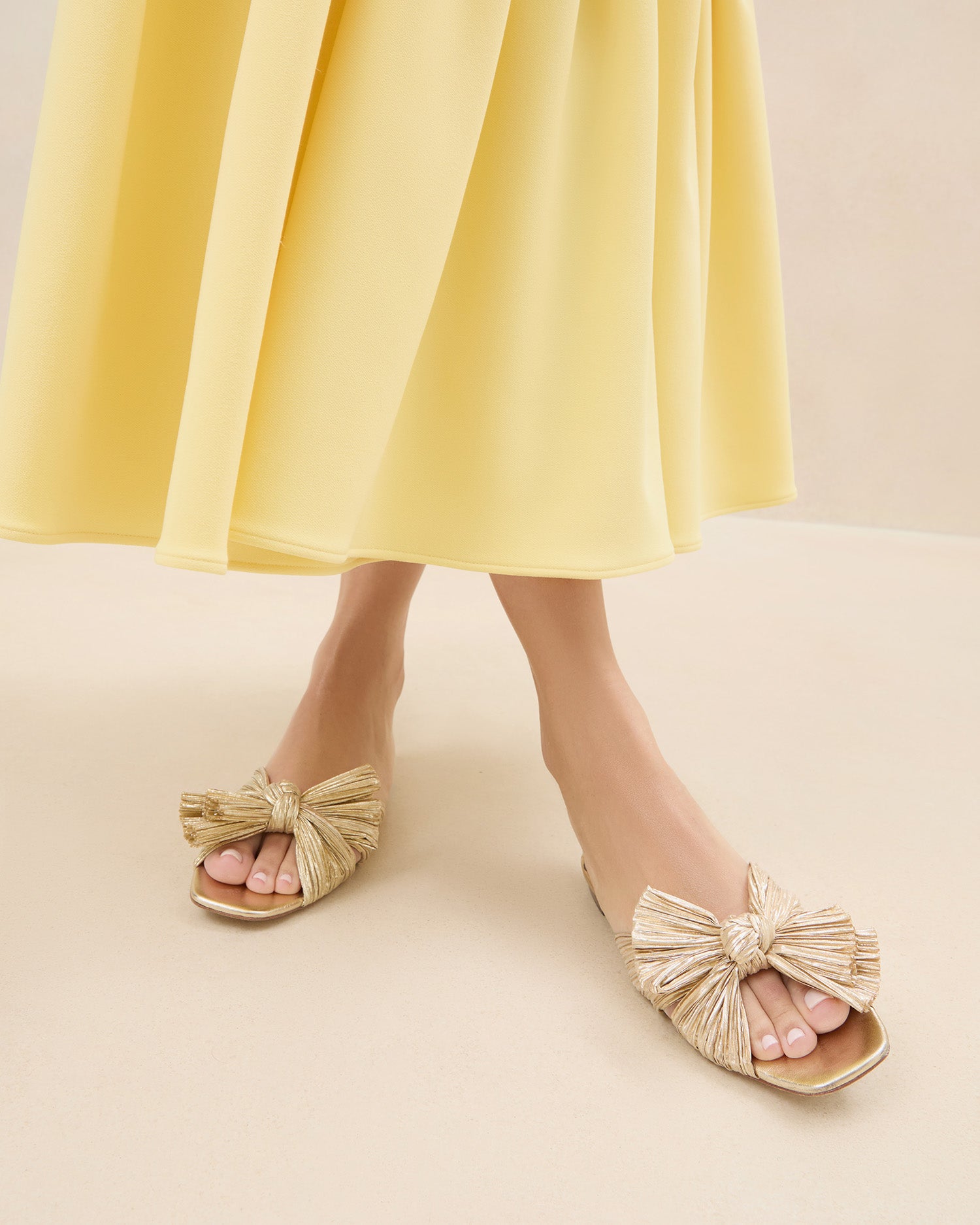 Daphne Gold Pleated Bow Slide Sandals - Elegant Women's Dress Shoes for Weddings, Parties & Special Occasions