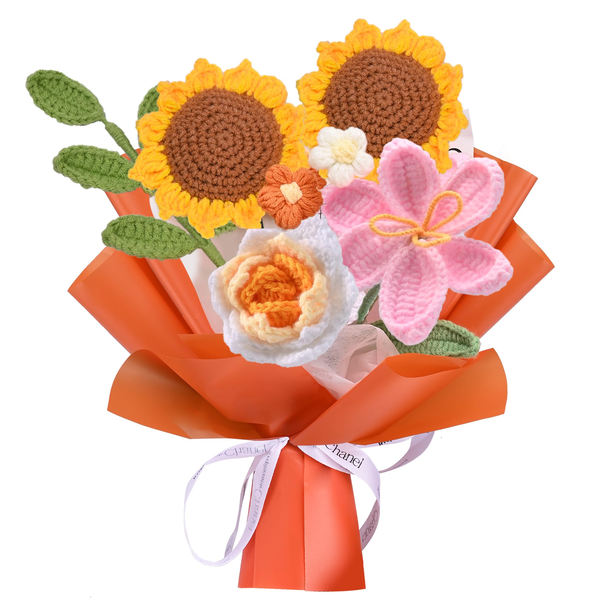 Handmade Crochet Flower Bouquet Gift Set - 7Pcs Tulips, Sunflowers & Roses Floral Arrangement for Women, Mom, Wife - Perfect for Anniversary, Graduation, Wedding Decor - Home & Office Decoration (Orange)
