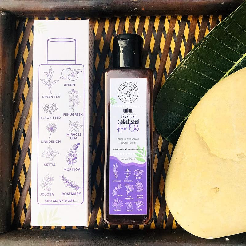 Nature's Mystery Onion, Lavender & Black Seed Hair Oil with Neem Comb - 200ml | Promotes Hair Growth & Scalp Health | Perfect for Daily Hair Care & Styling