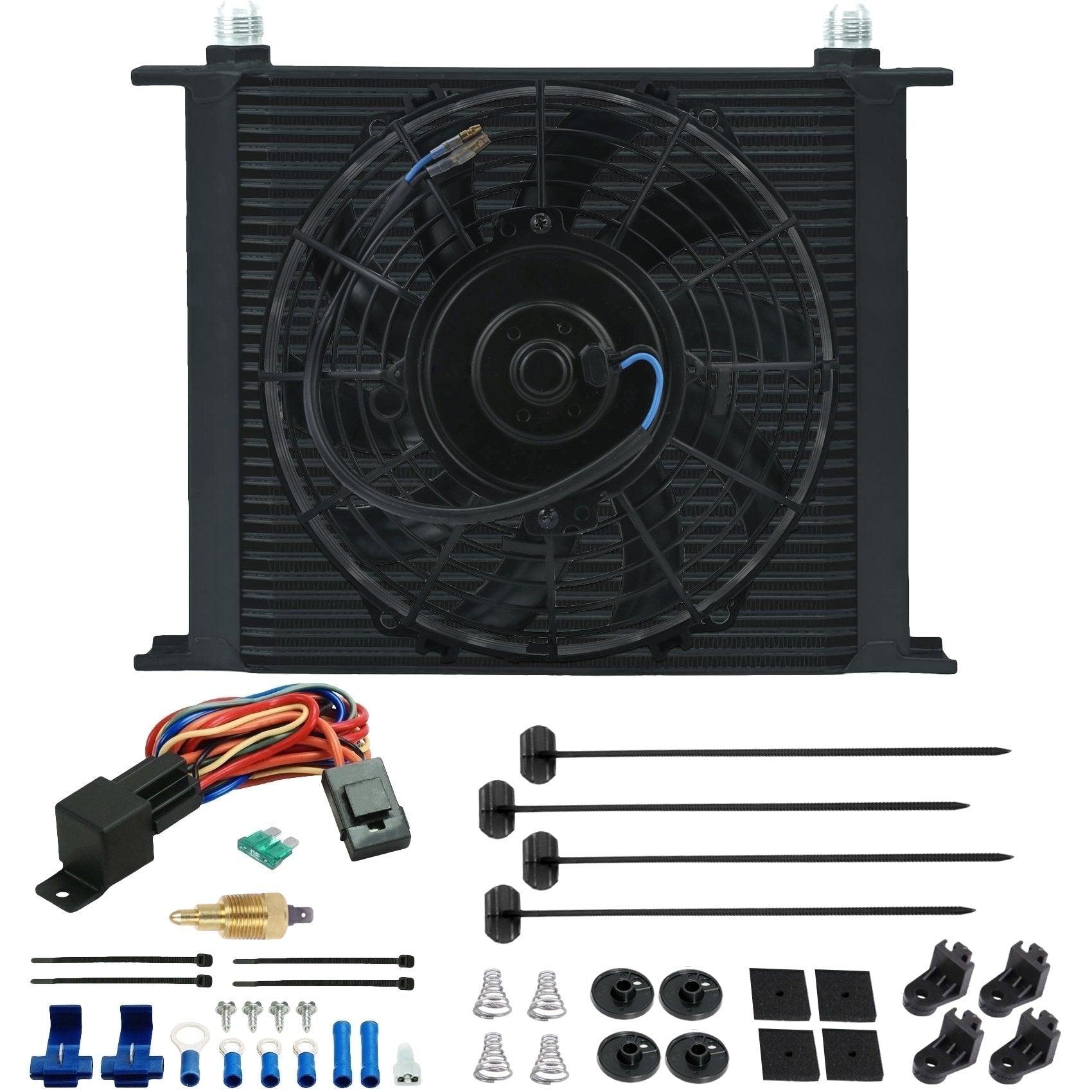 34 Row Transmission Oil Cooler with 6AN & 10AN Fittings - High Performance Aluminum Radiator with Electric Fan & Ground Temp Switch - Perfect for Off-Road, Racing & Heavy-Duty Vehicles