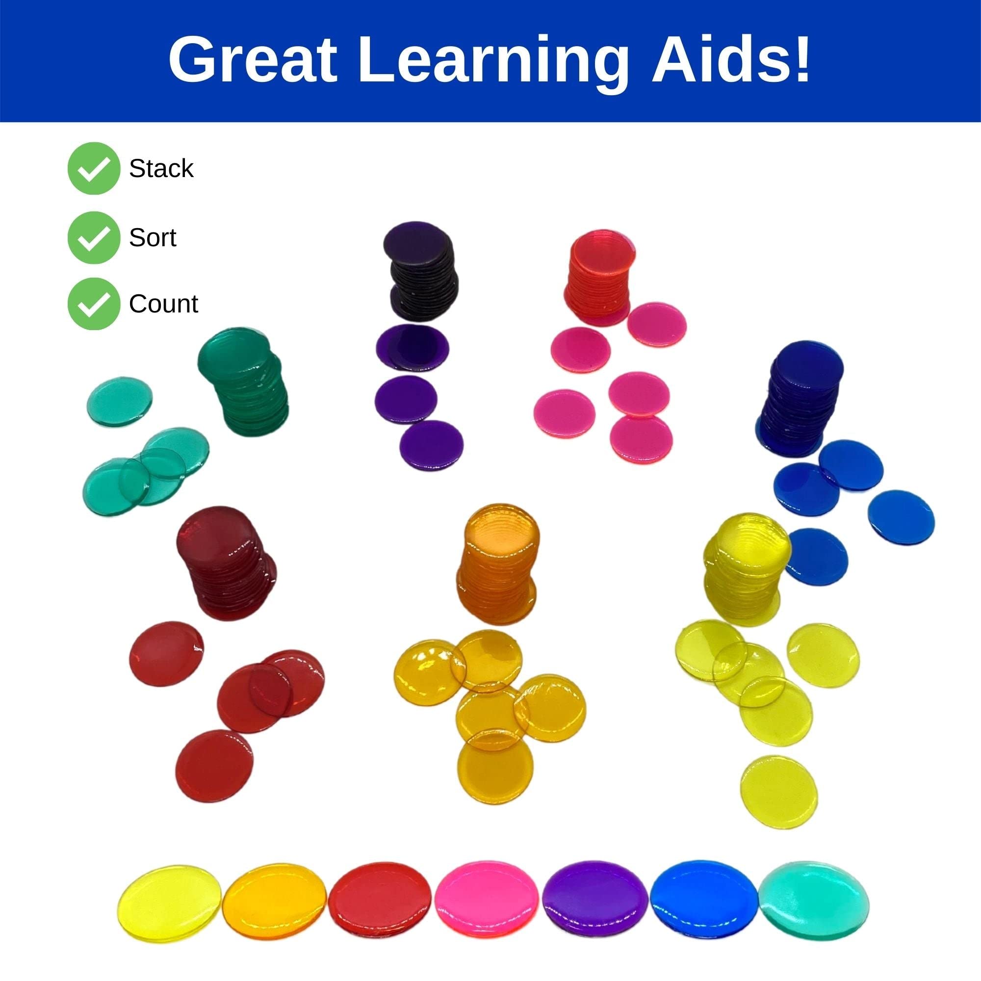 MR CHIPS Plastic Bingo Chips - 500 Count Bag with Solid & Transparent Colors (7/8 Inch) - Perfect for Bingo Games, Casino Nights, and Classroom Math Activities