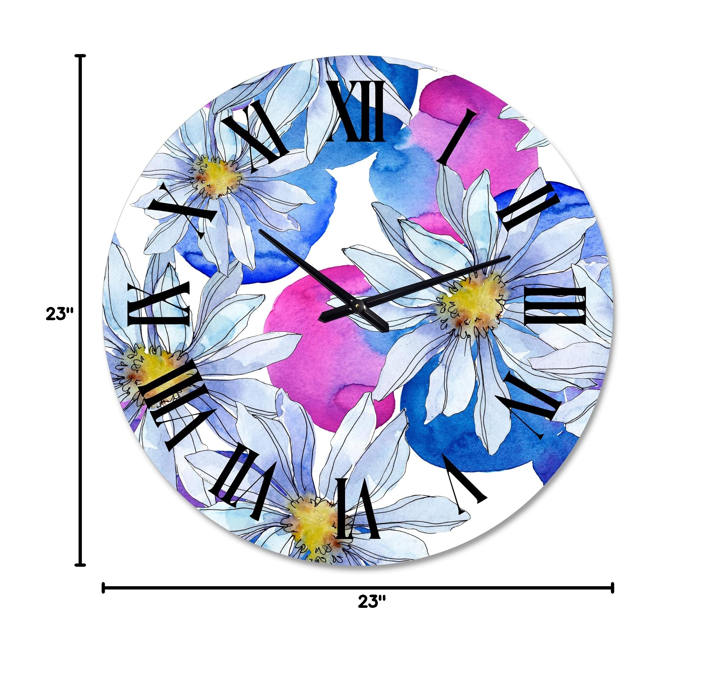 DesignQ Traditional Wall Clock 'Daisies with Green Leaves I' - Large Floral Botanical Wall Clock for Kitchen, Living Room, Bedroom Decor | Perfect for Home, Office & Farmhouse Style