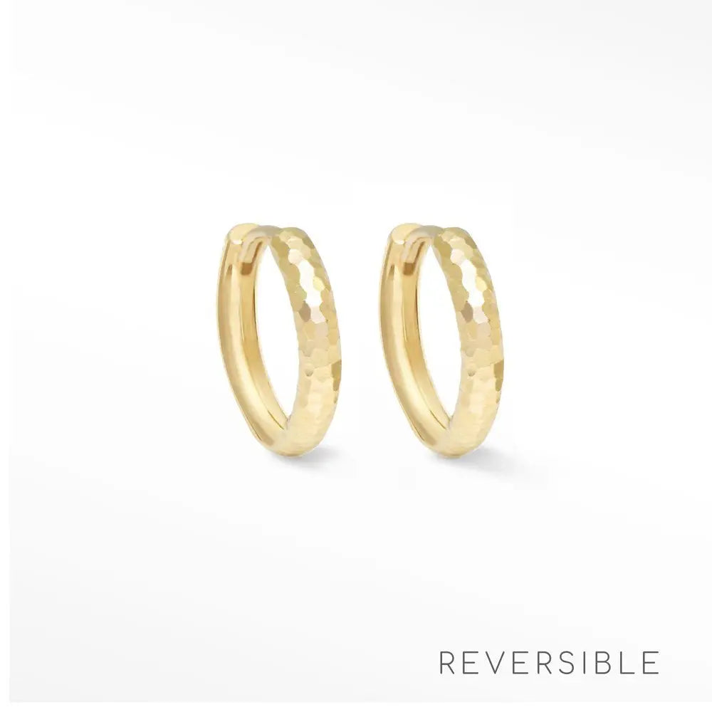 14K Yellow Gold Reversible Huggie Hoop Earrings 13mm - Ellie Hammer - Elegant Everyday Wear for Women, Perfect for Work, Date Night & Special Occasions