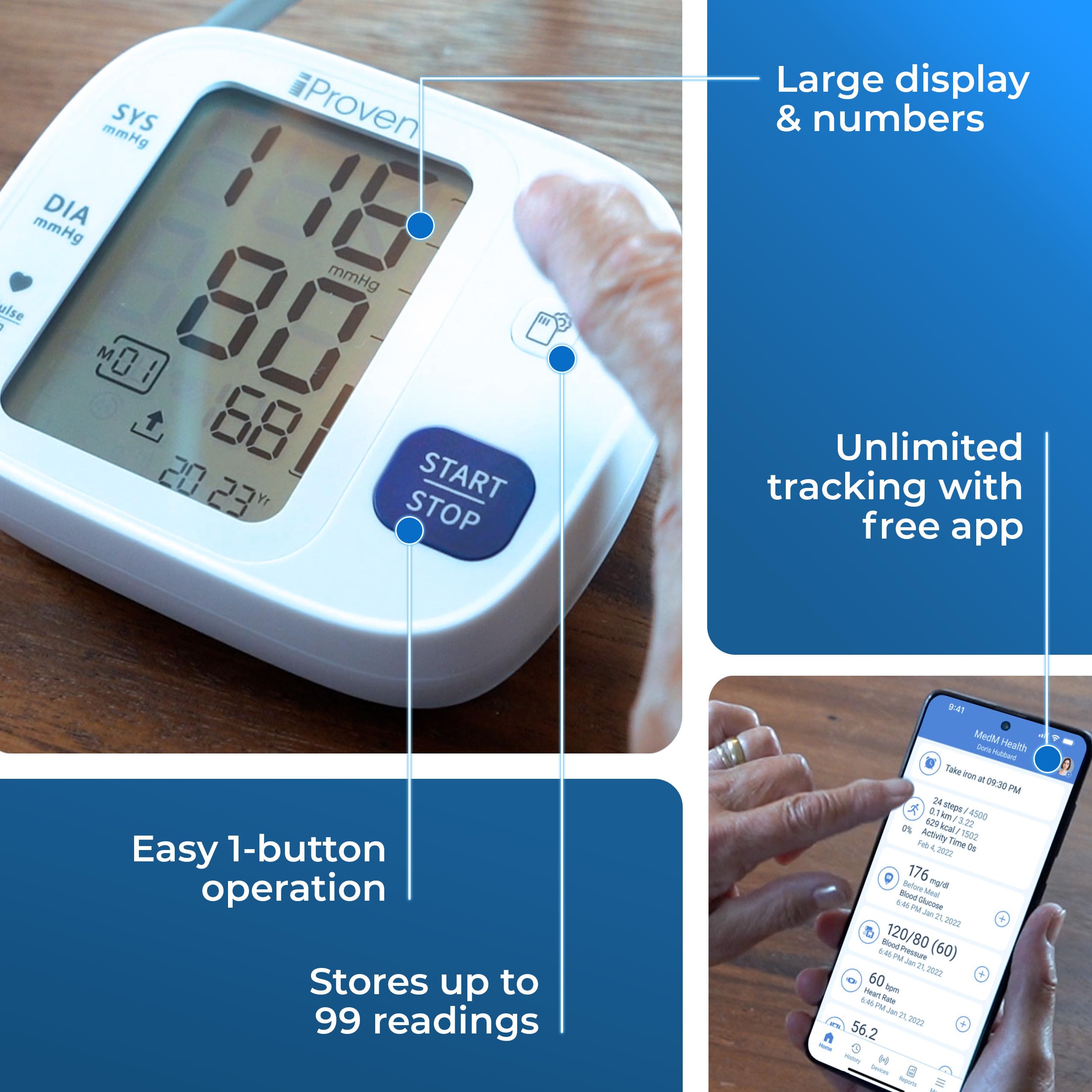 iProven Bluetooth Blood Pressure Monitor for Home Use - Upper Arm Cuff with App Sync, One-Touch Operation & Large Backlit Display | Track & Manage Heart Health for Seniors & Family Care