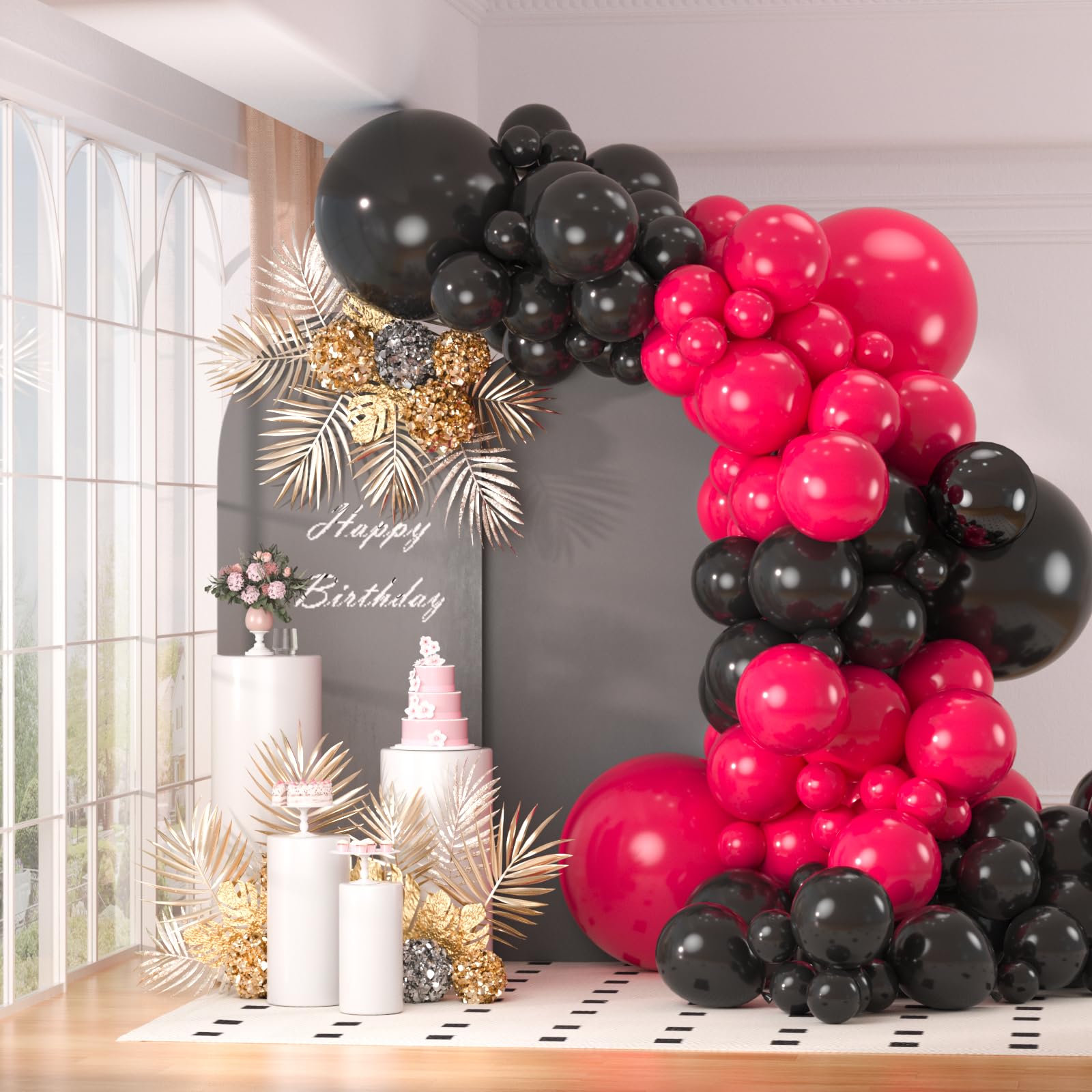 130-Piece Black & Hot Pink Balloon Garland Arch Kit - 18