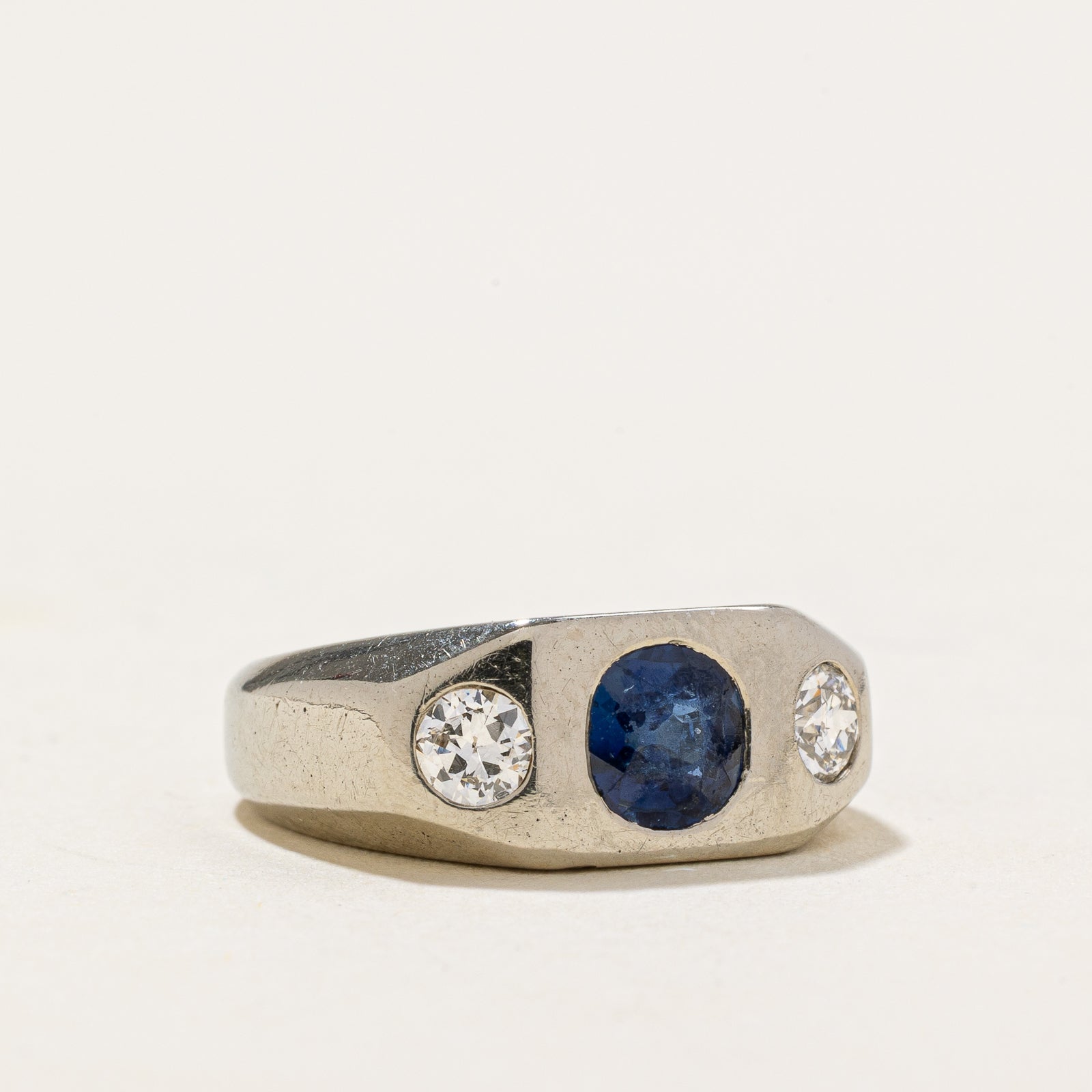 0.90ct Flush Set Sapphire & Diamond Engagement Ring, 0.40ctw Side Stones, Size 4.25 - Perfect for Wedding Bands, Anniversary Gifts & Bridal Jewelry Sets