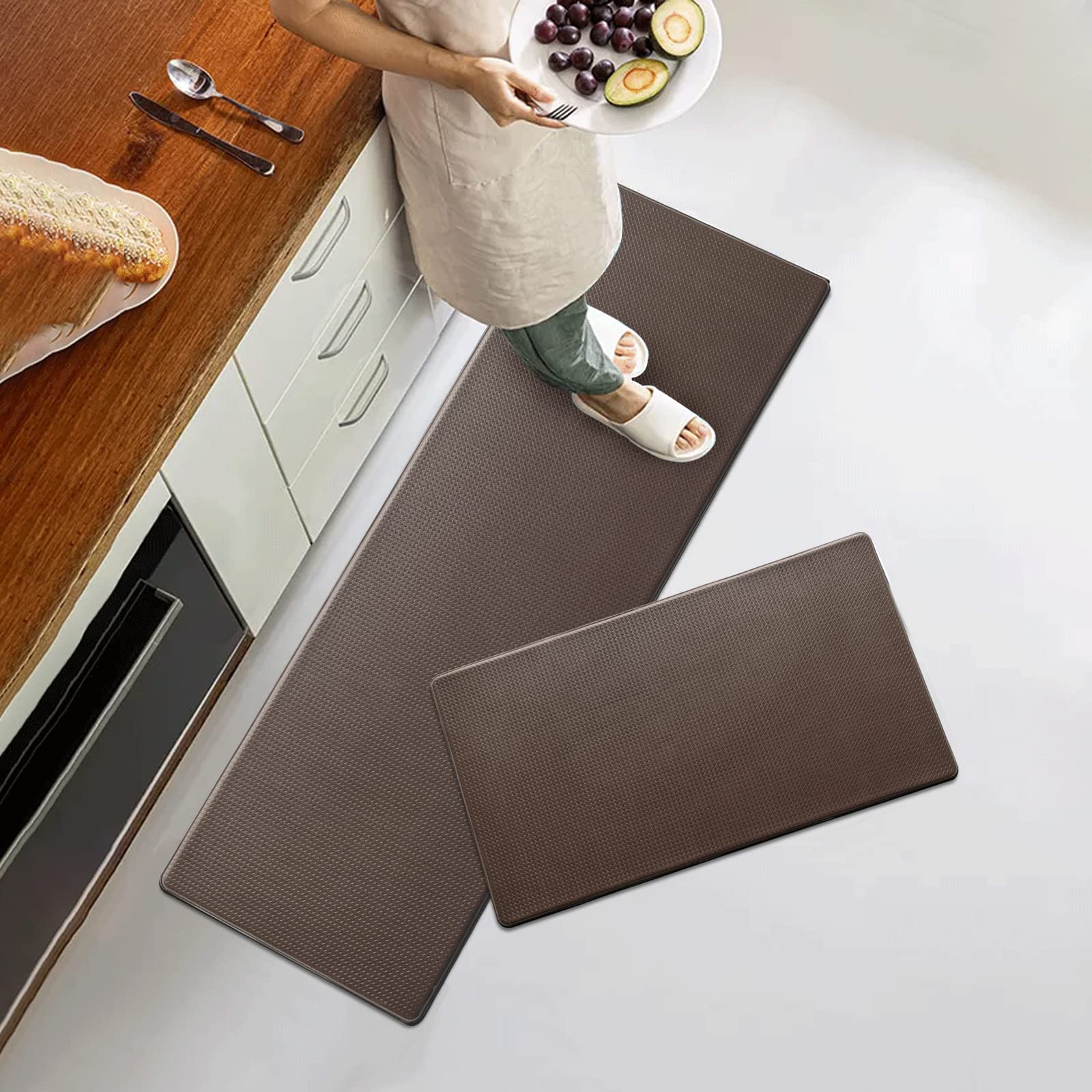 Artnice Anti-Fatigue Kitchen Mats Set of 2 - 0.4 Inch Thick Memory Foam Floor Mats, Waterproof Non-Slip Comfort Mats for Kitchen, Sink, Laundry & Office - Stylish Brown Home Decor for Standing Comfort