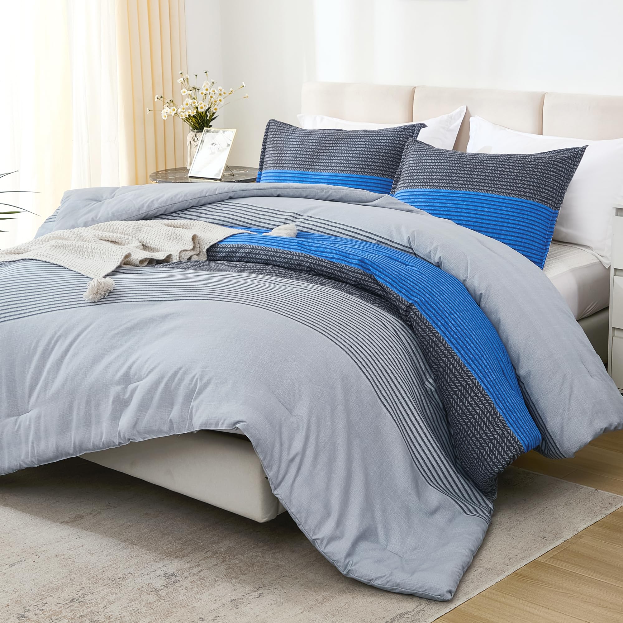 Litanika Queen Size Bed Comforter Set - 3 Piece Lightweight Soft Down Alternative Comforter with Pillowcases, Grey Blue Striped All Season Bedding | Perfect for Master Bedroom, Guest Room & Dorm Decor