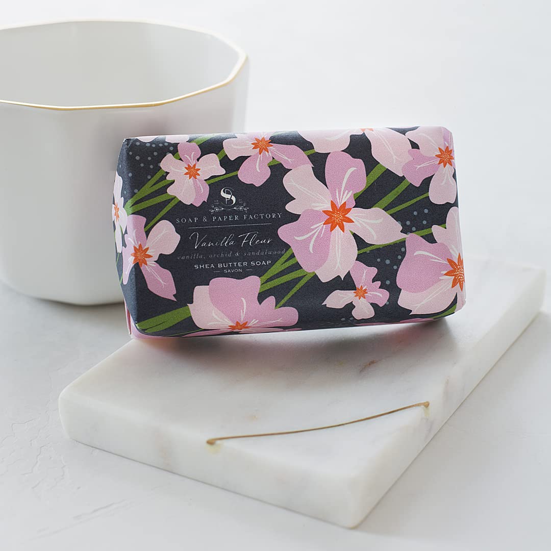 Soap & Paper Factory Vanilla Fleur Shea Butter Soap Bar - 5 oz Natural Moisturizing Handmade Soap for Dry Skin, Gifts & Bathroom Decor - Perfect for Spa Day, Self-Care & Relaxation