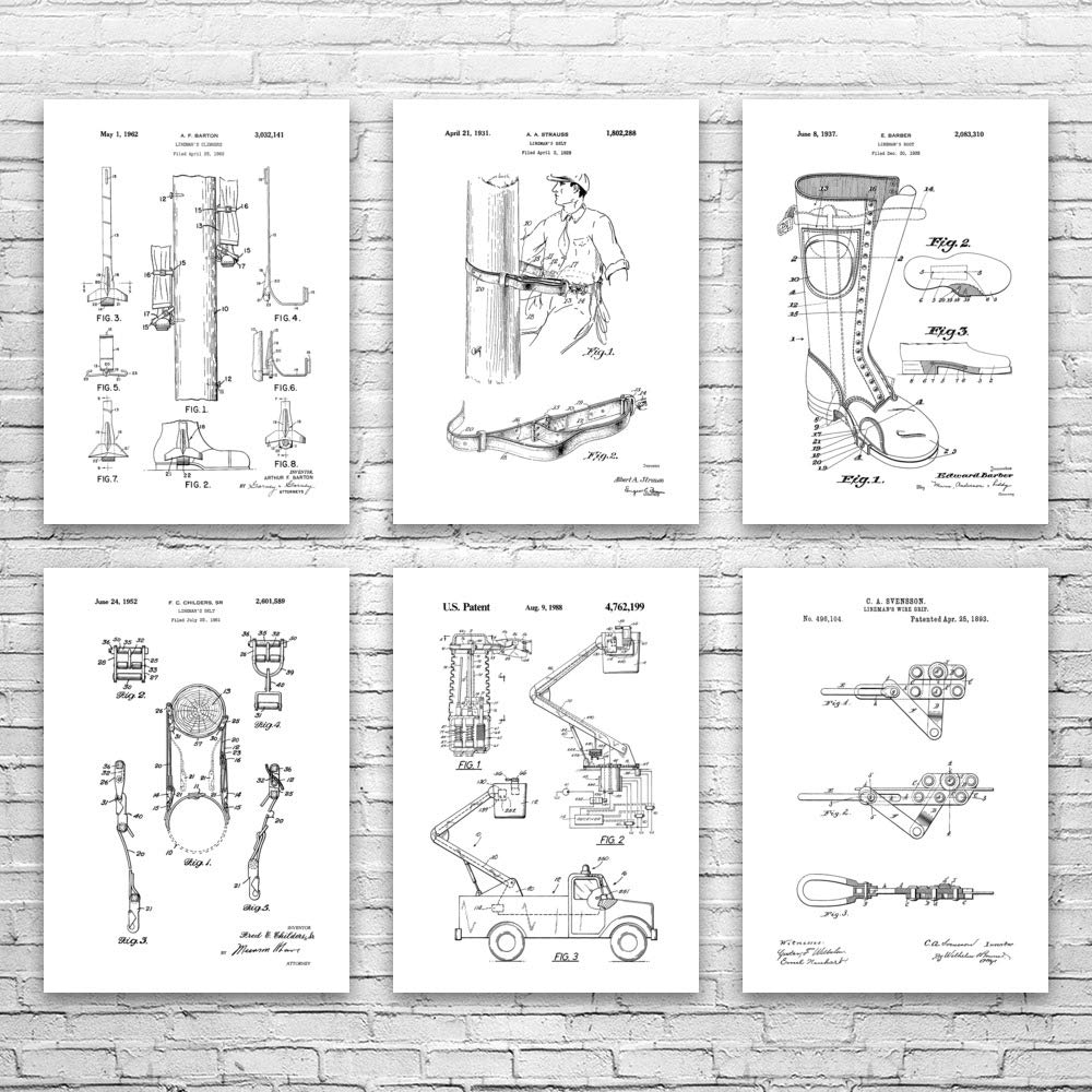 Lineman Gear Posters Set of 6 - 18x24 Inch Black & White Powerline Technician Wall Art - Perfect Gift for Electrical Engineers, Lineworkers & Contractors - Ideal for Home, Office or Workshop Decor