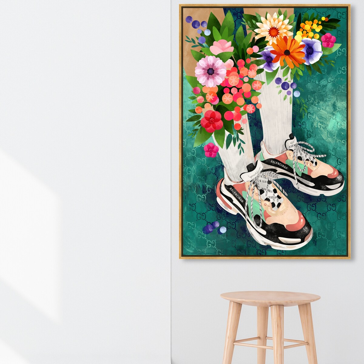 Stylish Floral Sneakers & Socks Set with Modern Green Framed Canvas Wall Art - Perfect for Bedroom Decor and Fashion Outfits | Home & Fashion Combo