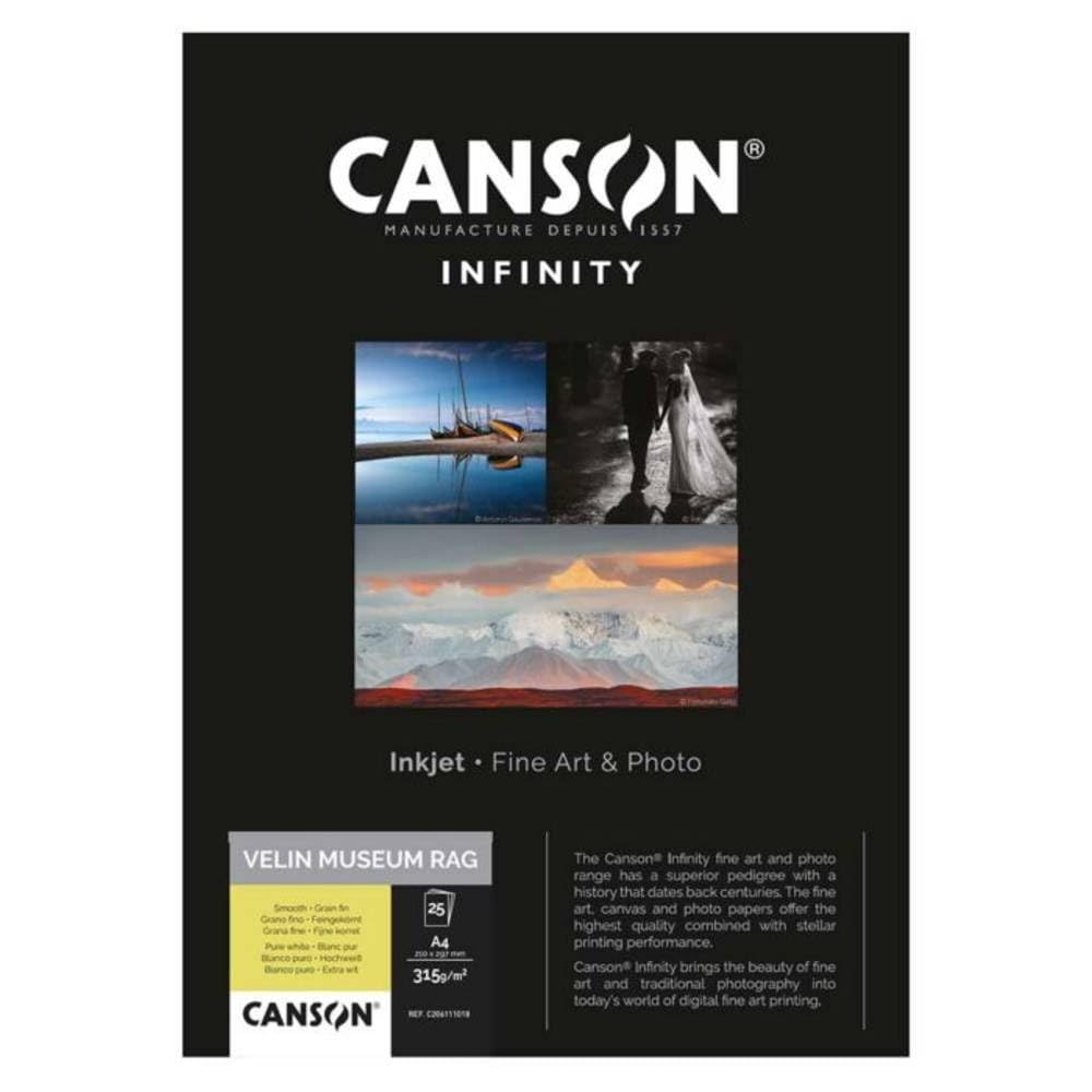 Canson Infinity Velin Museum Rag 315gsm Natural White Matte Inkjet Paper - A3+ Size (25 Sheets/Box) for Fine Art Printing, Photography & Archival Projects