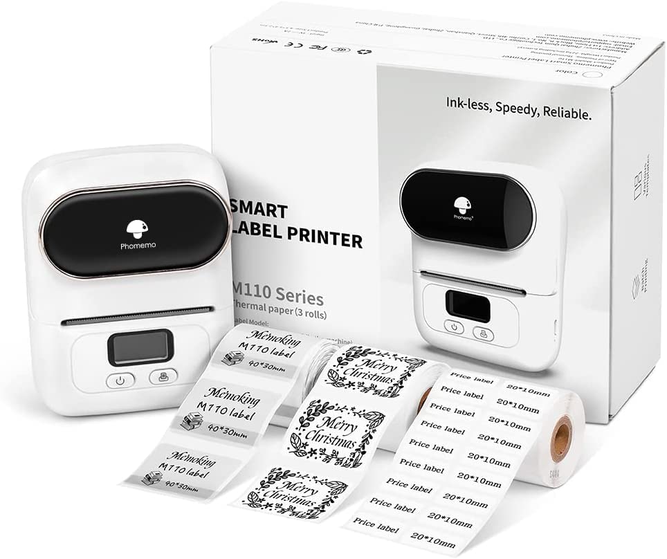 Phomemo M110 Bluetooth Wireless Label Printer - Portable Label Maker for Ingredients, Clothing Tags, Jewelry, Address & Barcode Labels - Compatible with iOS & Android (3 Labels Set, White) - Perfect for Home, Office & Small Business Organization