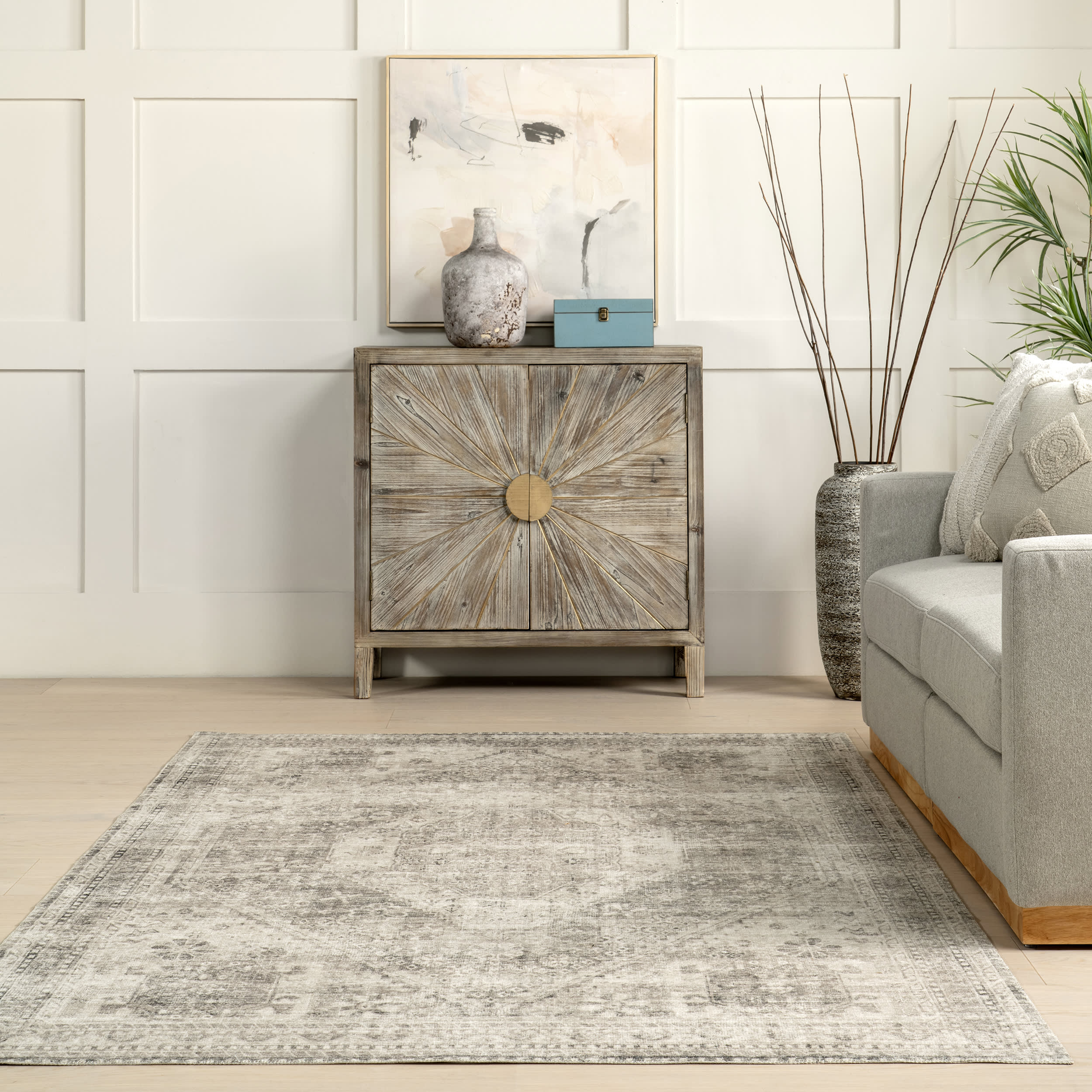 Celia Medallion Washable Rug - Soft Grey Bohemian Area Rug for Living Room, Bedroom, Dining Room - Machine Washable & Stain Resistant