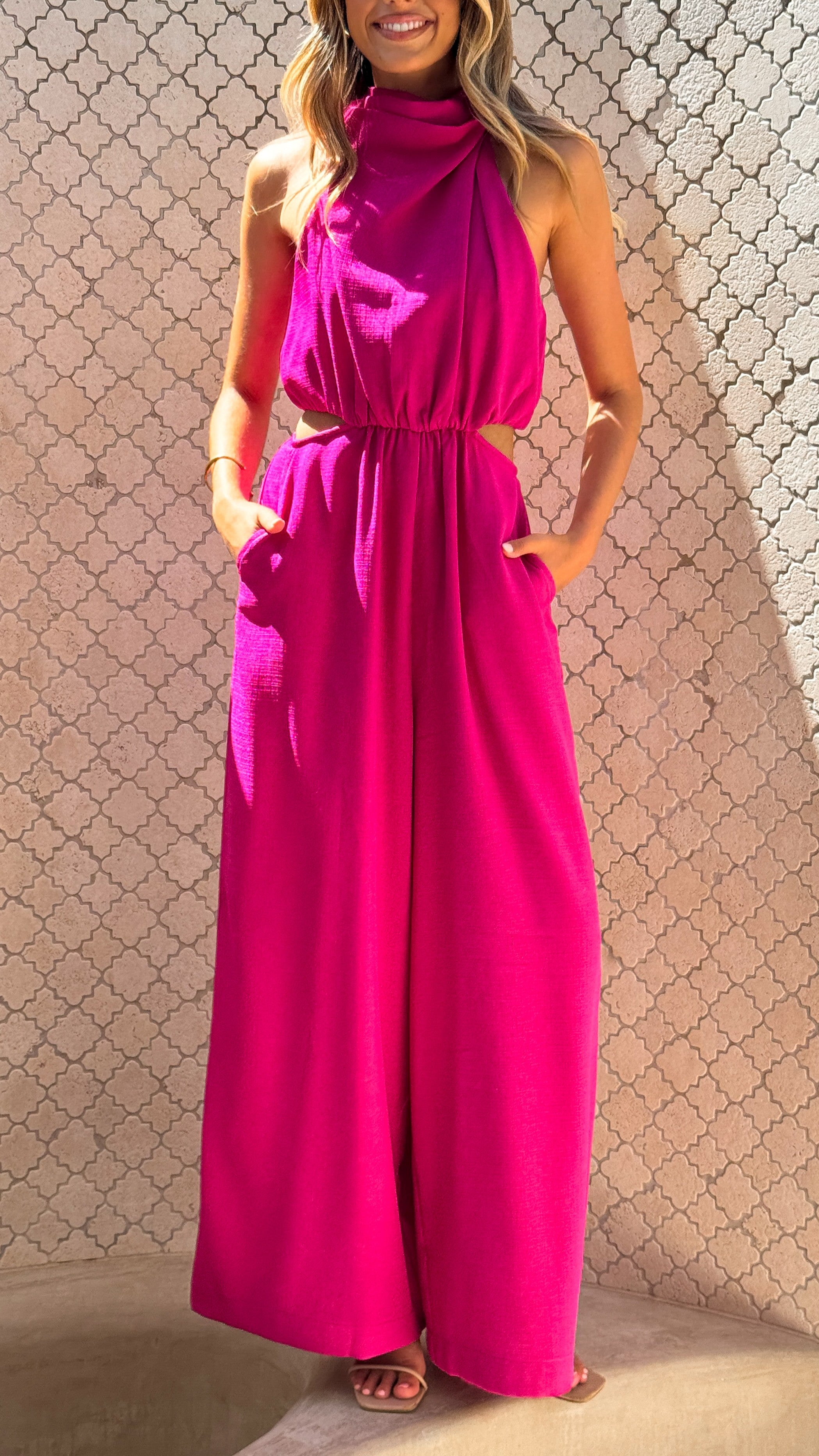 Lara Halter Neck Wide Leg Jumpsuit for Women - Flowy Pink Romper with Adjustable Straps | Perfect for Summer Outfits, Beach Vacations & Casual Wear