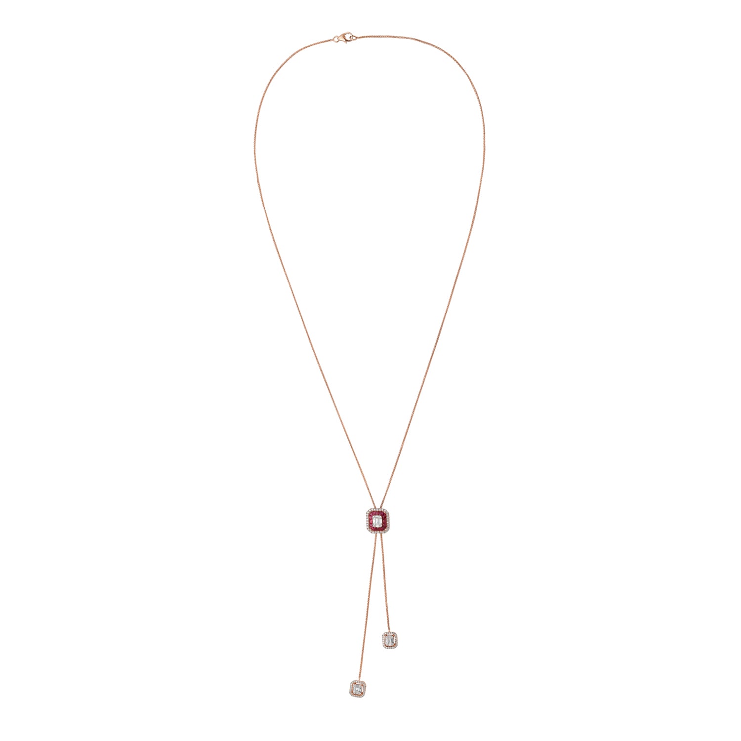 18K Rose Gold Channel Set Ruby Baguette Diamond Octagon Designer Necklace - Elegant Jewelry for Weddings, Anniversaries & Special Occasions
