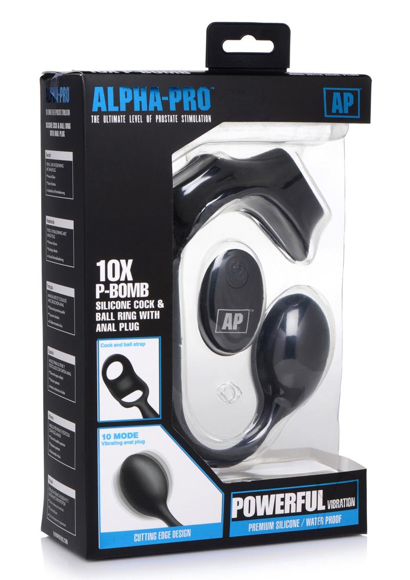 Alpha Pro 10X P Bomb Rechargeable Silicone Cock Ring with Ball Stretcher, Butt Plug & Remote Control - Black | Enhance Intimacy & Pleasure for Couples & Solo Play