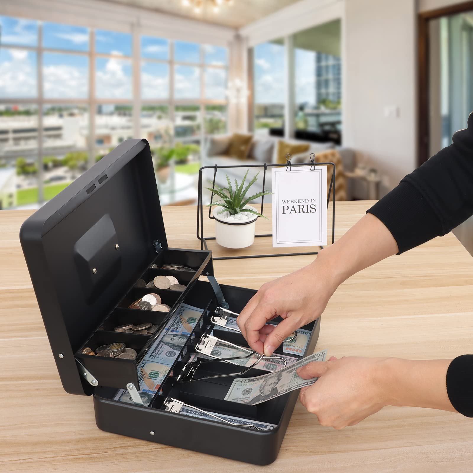 XYDLED Black Sand Grain Cash Box with Key Lock - Money Lock Box with 4 Bill & 5 Coin Slots, Tiered Cash Tray - 11.8