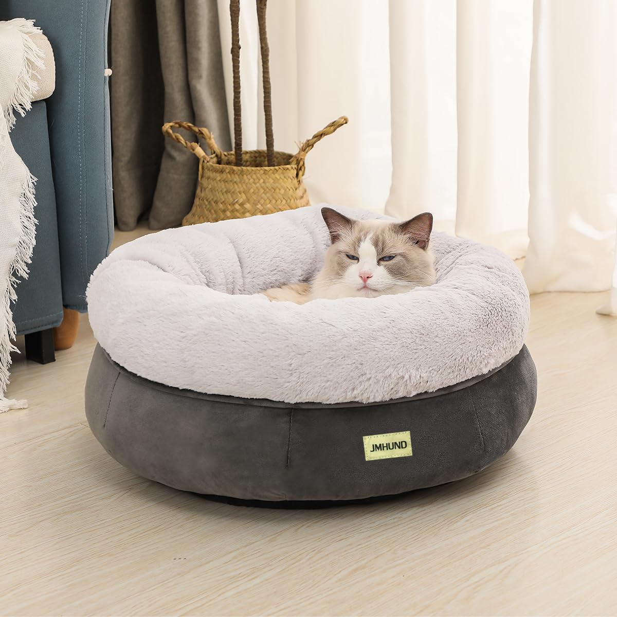 Washable Round Cat Bed for Indoor Cats & Small Pets - Non-Slip Bottom, 19 Inch Cozy Pet Bed for Kittens & Puppies (Deep Grey) - Perfect for Living Room, Bedroom & Pet Napping Spaces