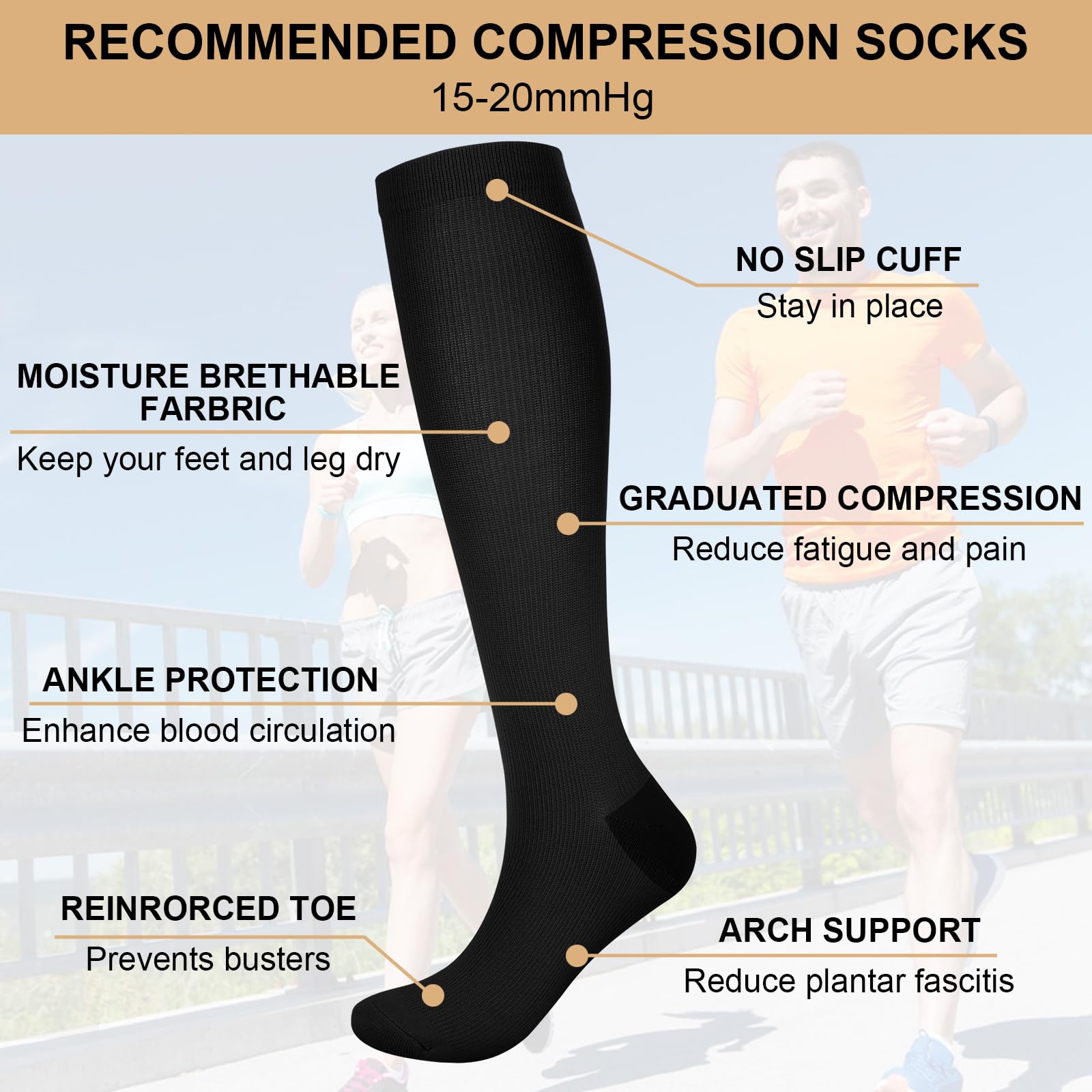 TRIITECH 6 Pairs Copper Compression Socks for Women & Men - 15-20mmHg Graduated Support for Running, Hiking, Nursing & Travel - Improve Circulation & Reduce Swelling During Sports & Daily Activities