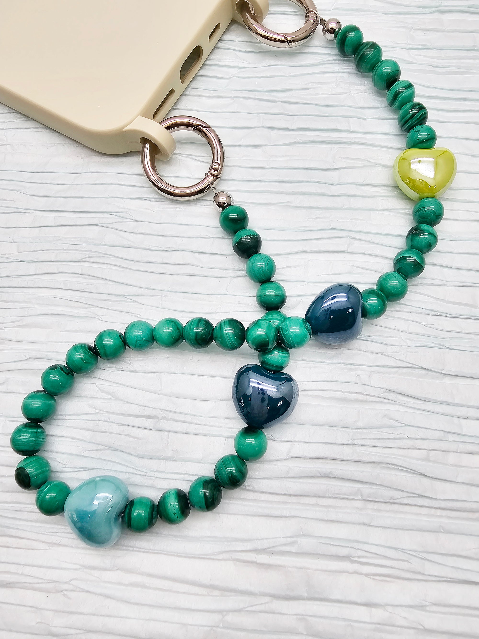 Malachite Green and Yellow Ceramic Heart Phone Charm PC033 - Stylish Phone Accessory for Women, Gift for Her, Trendy Jewelry for iPhone & Android