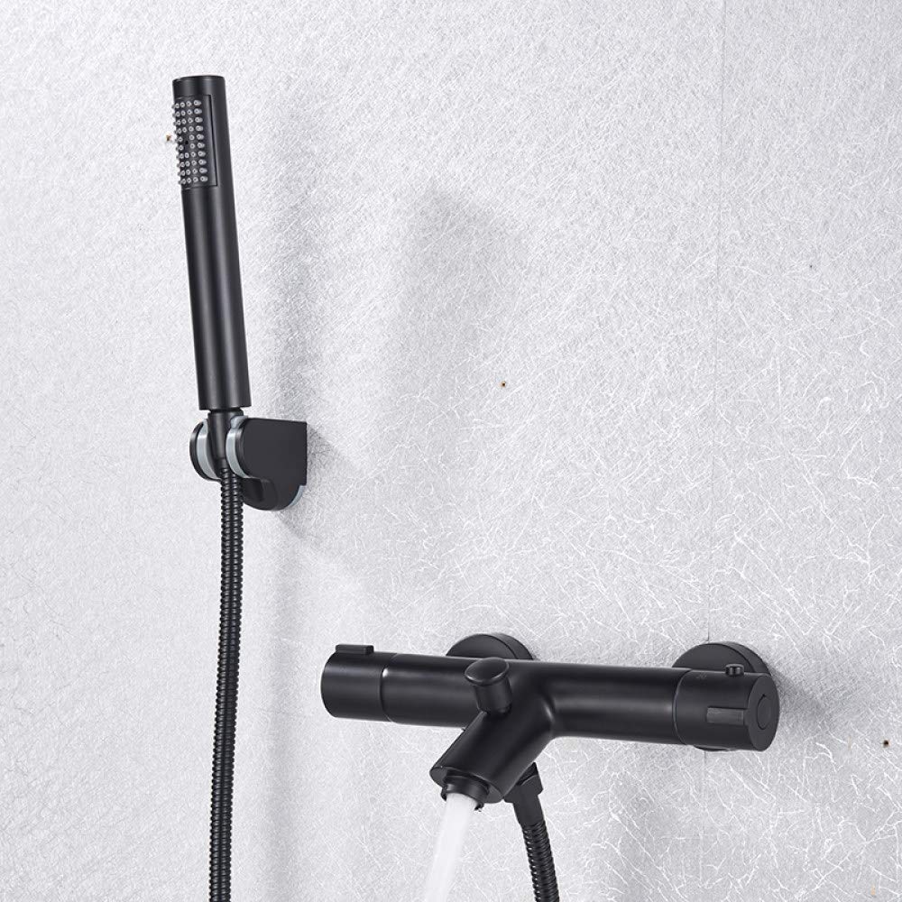 Mindong Black Thermostatic Shower Mixer Faucet - Dual Handle Constant Temperature Shower System with Handheld Shower Head & Wall Bracket | Perfect for Modern Bathroom Renovation & Spa-Like Shower Experience