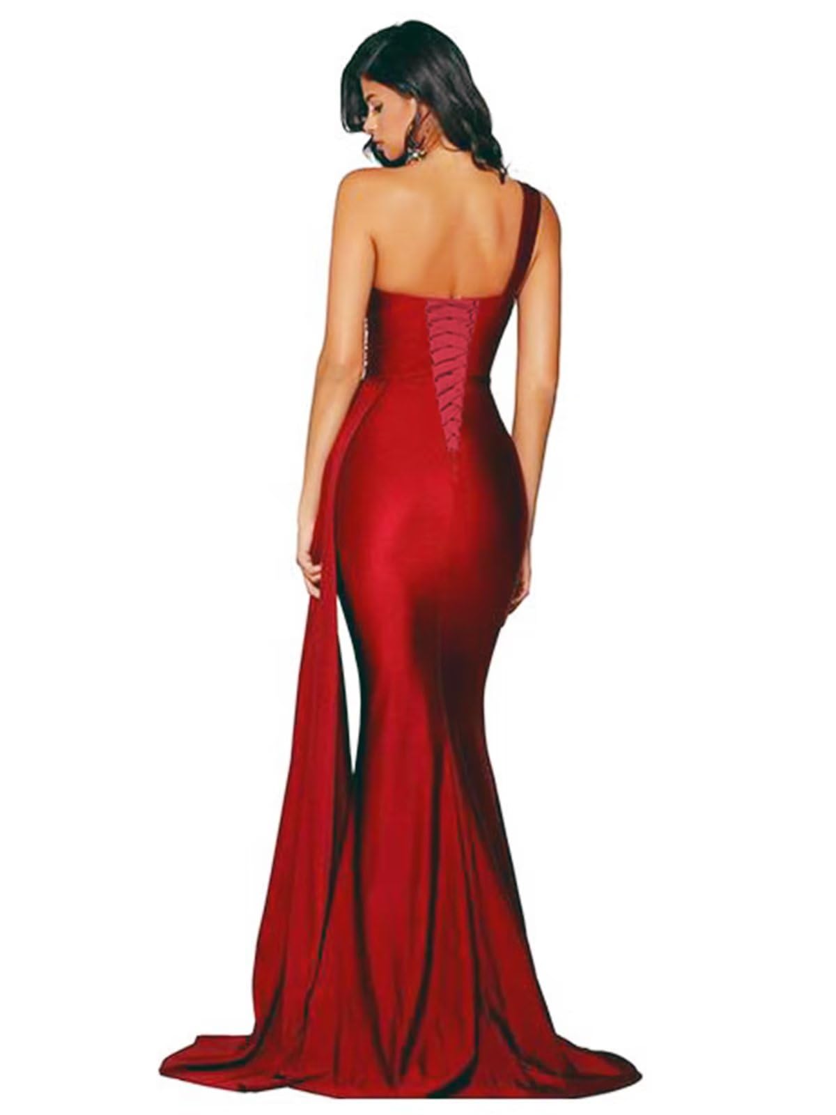 Alikey Mermaid Bridesmaid Dresses - Long One Shoulder Satin Prom Gowns for Women | Wedding Guest Dresses with Train in Red | Perfect for Beach Weddings, Formal Events & Evening Parties