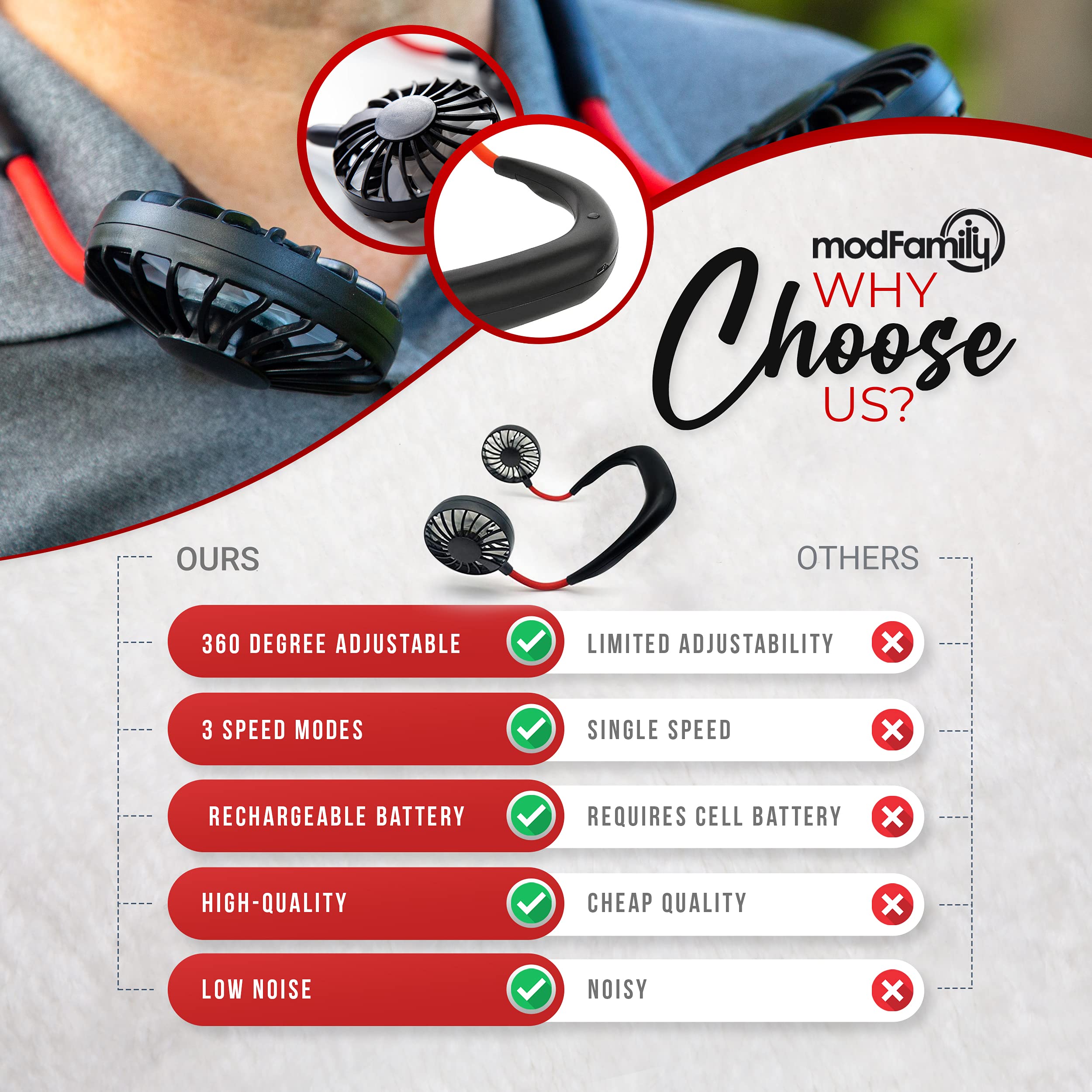 Portable Neck Fan 360° Rotatable with 3 Speeds - Rechargeable for Outdoor & Office Use