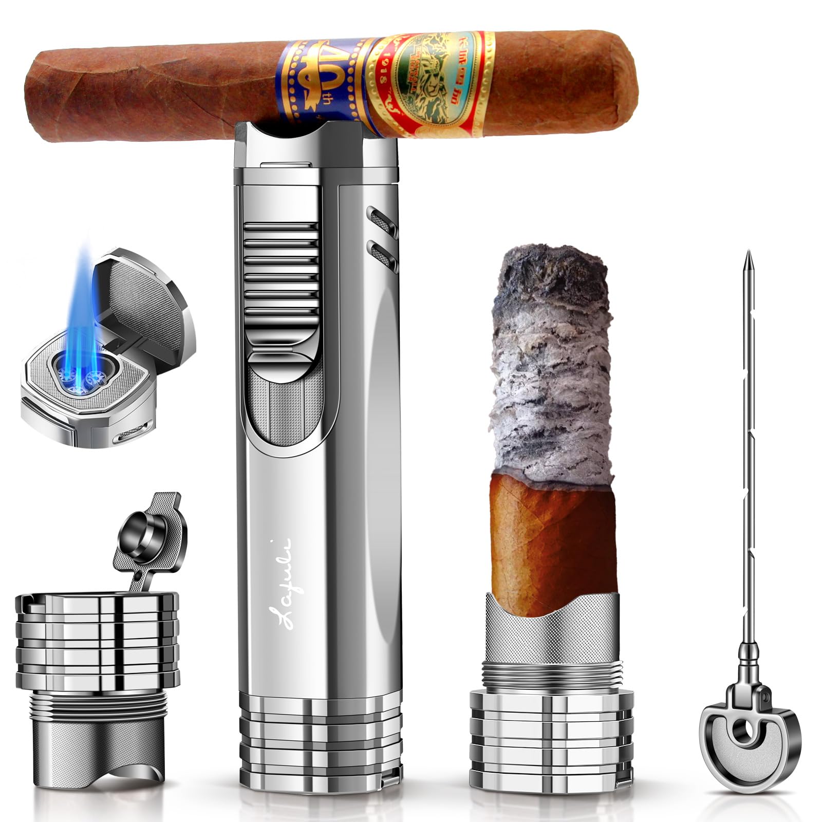 Premium Triple Jet Flame Butane Torch Lighter with Built-in Cigar Punch, Draw Enhancer & Holder - Refillable All-in-One Cigar Accessories for Outdoor, Travel & Gifting (Gas Not Included)