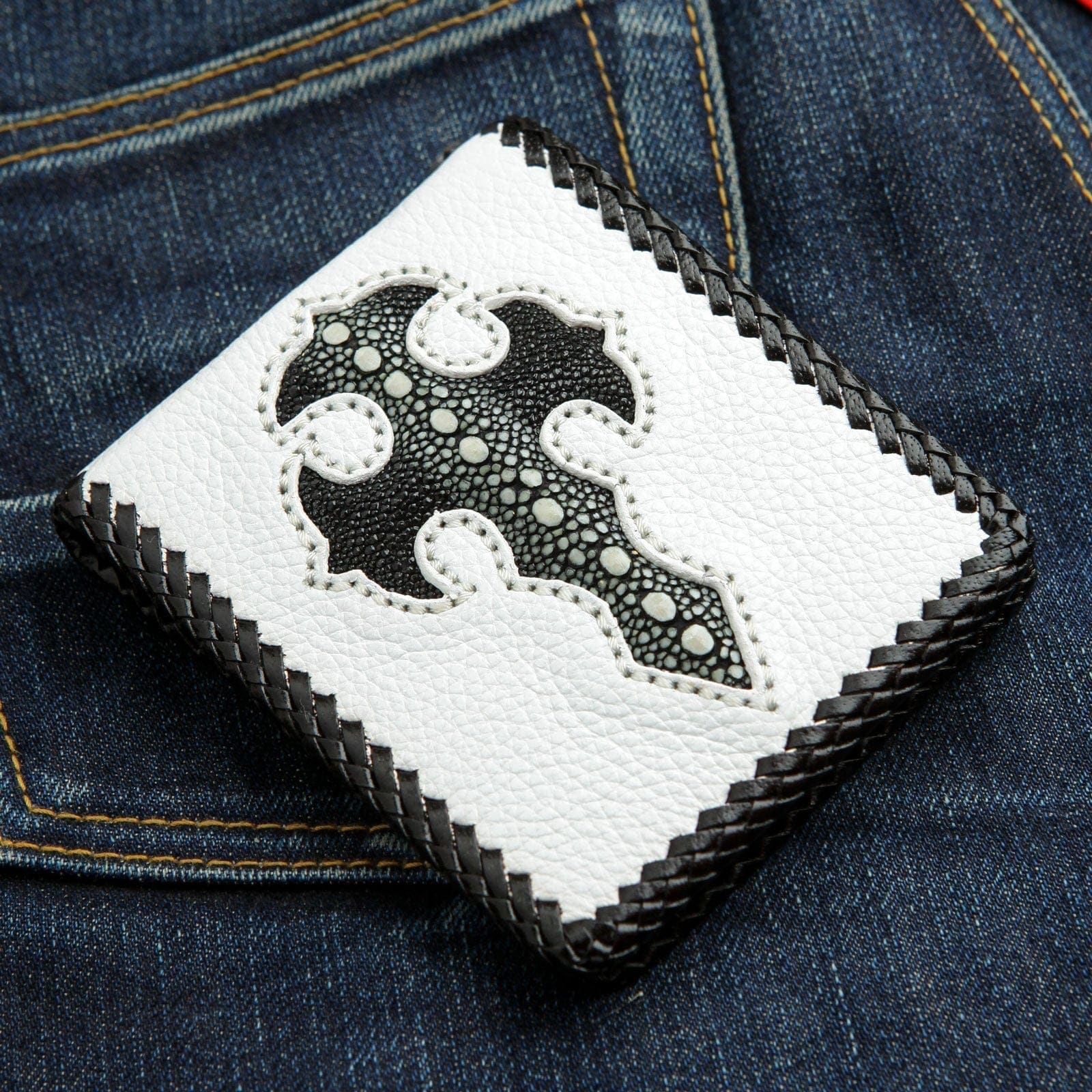 Premium Two-Tone Stingray Leather Men's Bifold Wallet - Slim RFID Blocking Biker Wallet for Motorcycle Riders & Everyday Carry (Perfect Gift for Dad, Husband, Boyfriend)